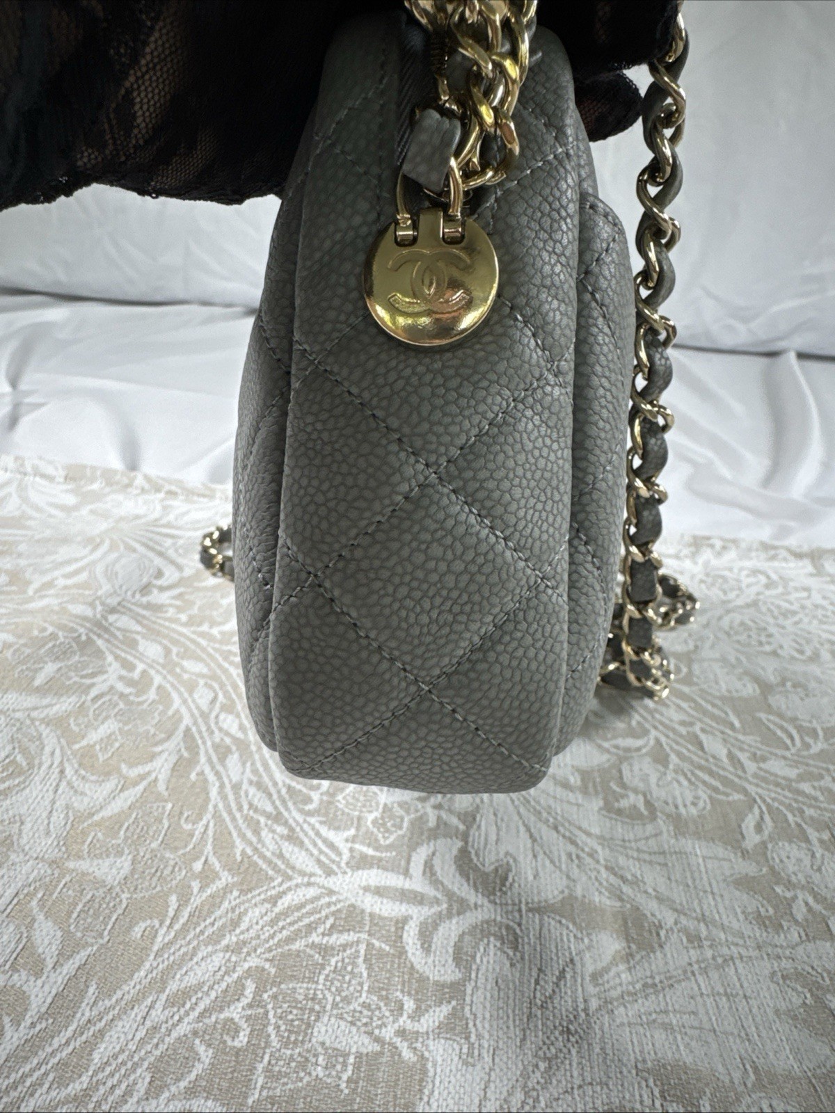 Chanel Camera Bag Gray Caviar Leather Coco Tassel Shoulder Purse
