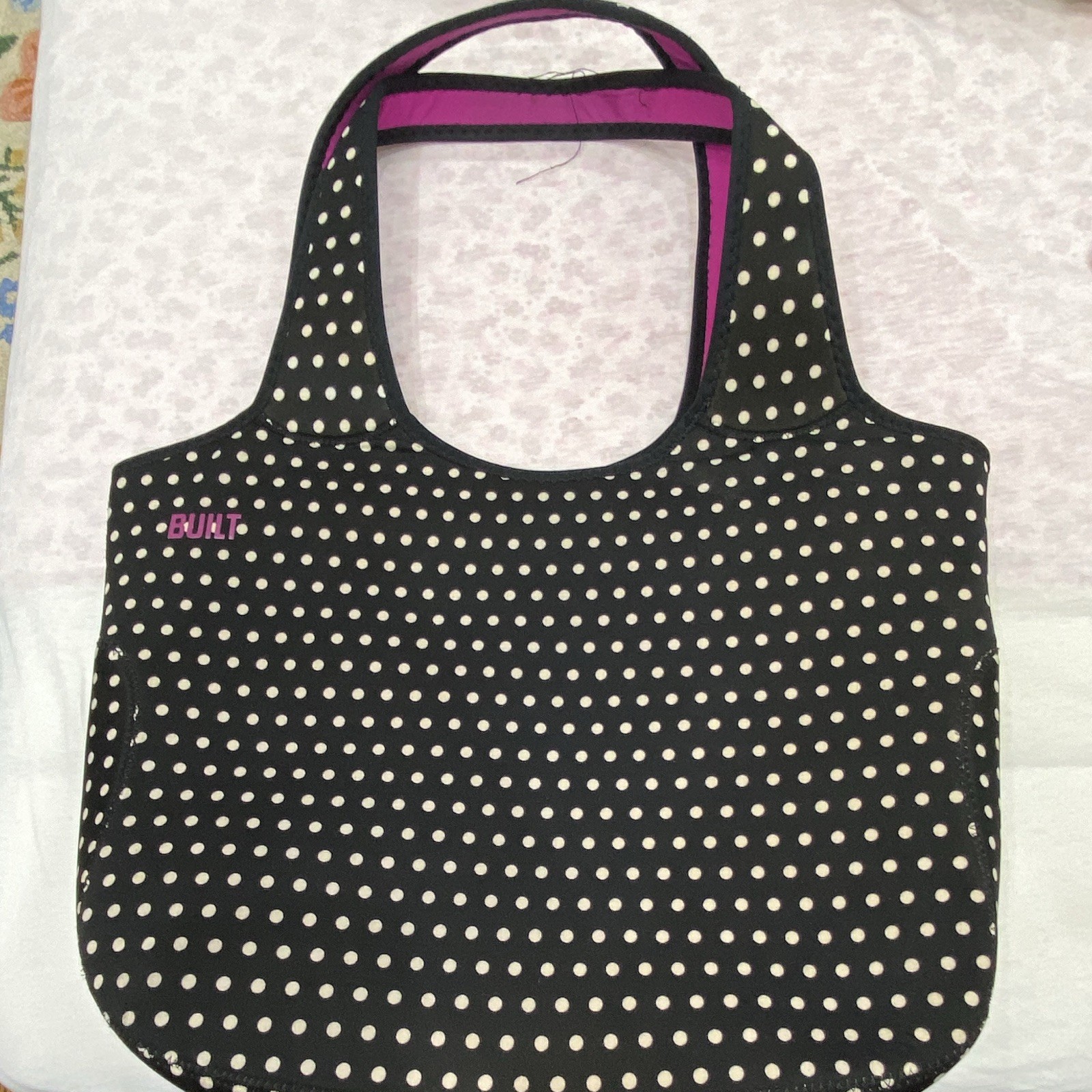 BUILT Black White Polka Dot Tote Bag Zip Top Pink Lined Detachable Pouch