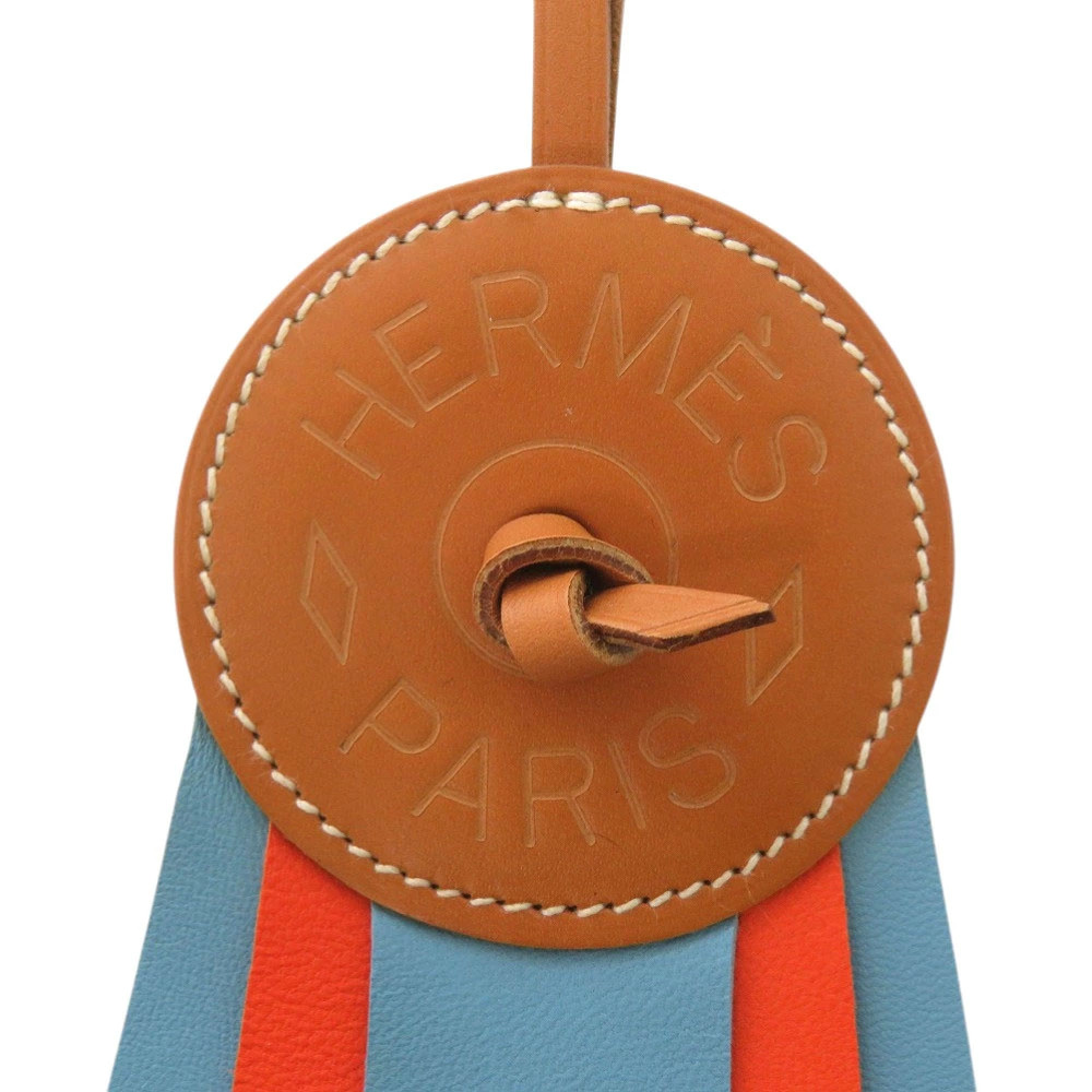 Hermes Paddock Flotte Bag Charm 064271CABE Leather Brown Orange Blue #LTB1360