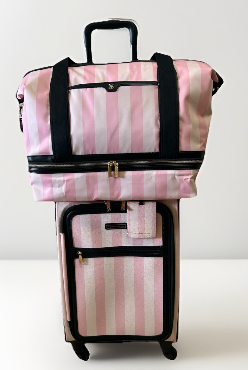 Victoria’s Secret Iconic Stripes Large Weekender Tote Pink Bag Black Straps NWT