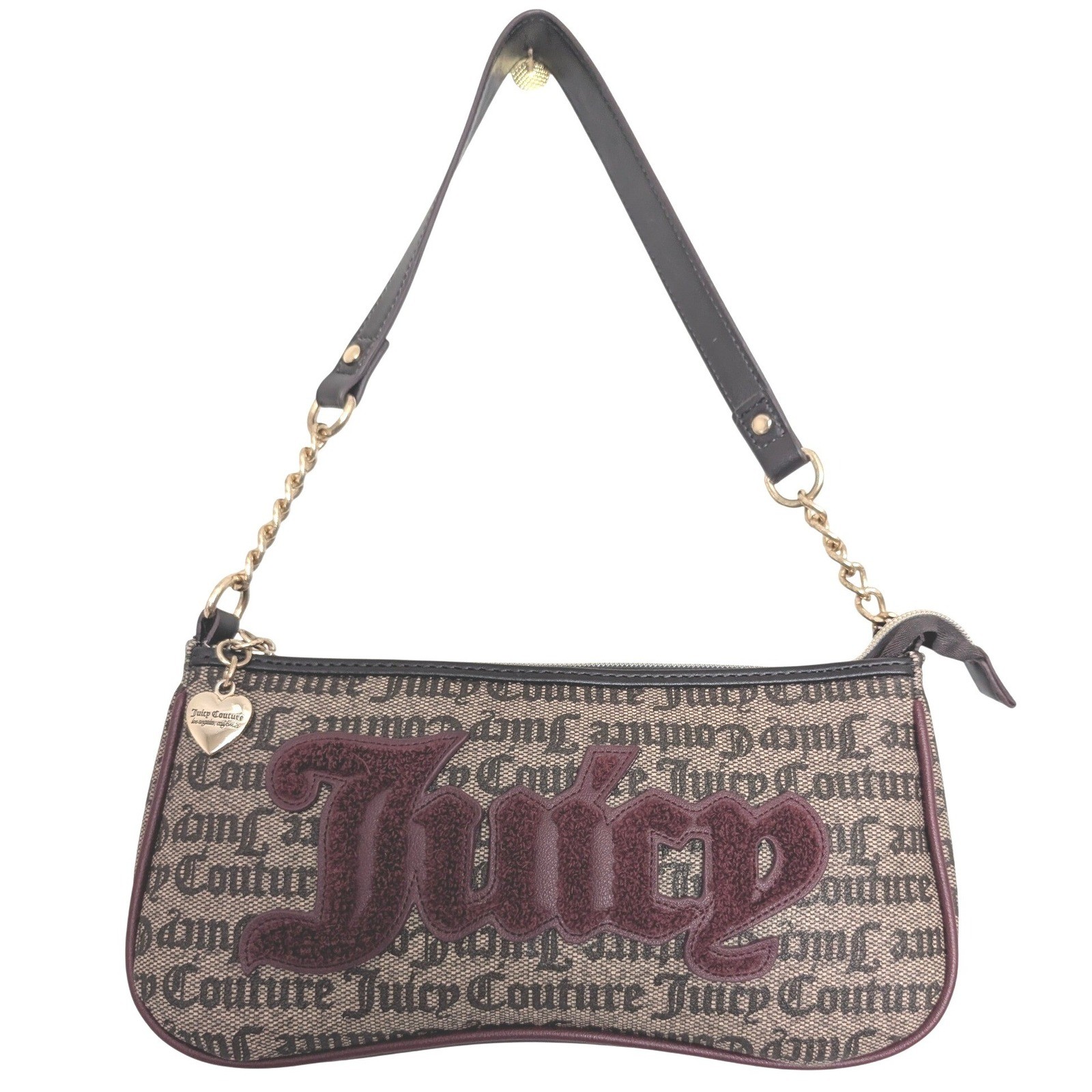 Juicy Couture Y2K Monogram Baguette Purse Shoulder Bag Textured Logo Heart Charm