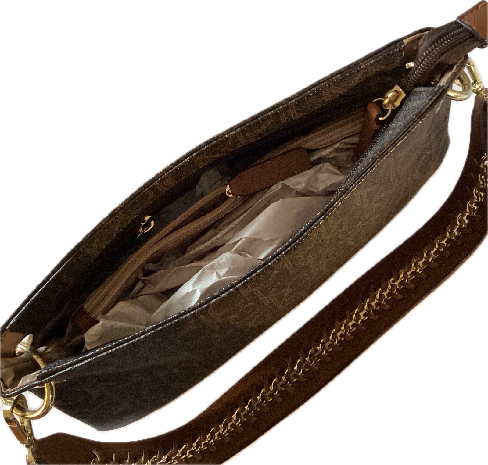 CALVIN KLEIN SHOULDER BAG LOGO PATTERN BRAIDED CHAIN HANDLE