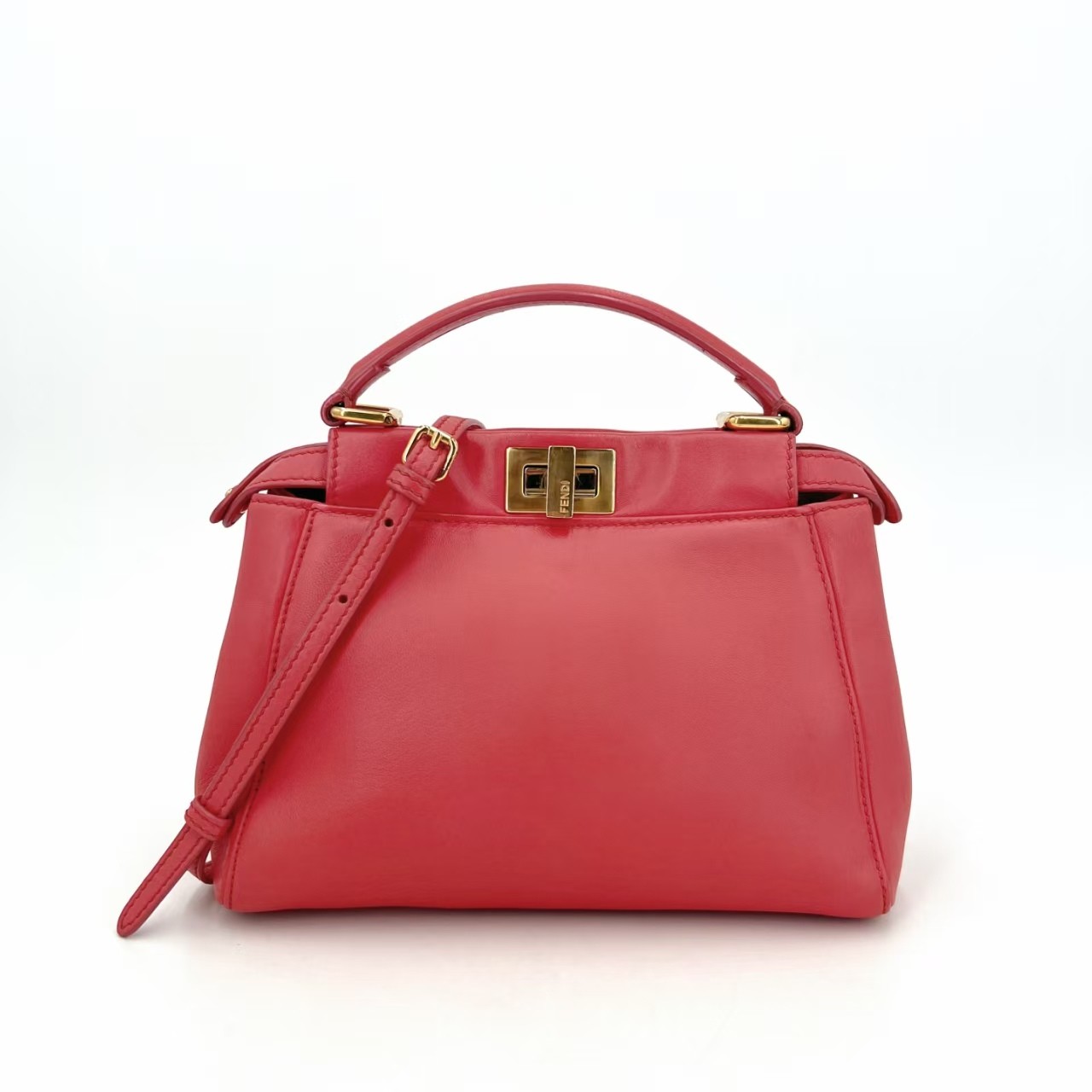 Fendi Peekaboo Medium Bright Red Smooth Leather Bag Detachable Crossbody Strap