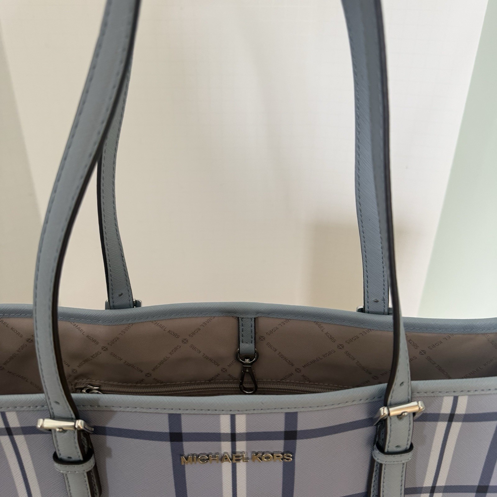 Michael Kors Jet Set Large Printed Signature Logo Tote Bag Light Sky Plaid