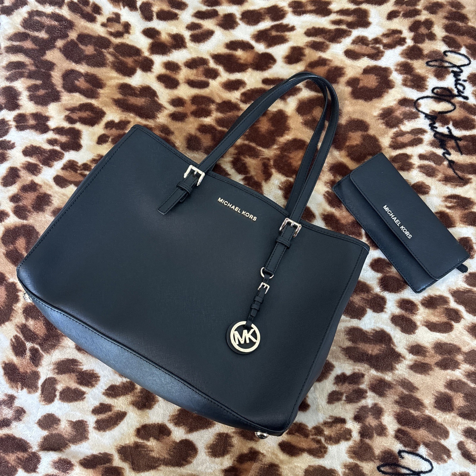 Michael Kors Jet Set Travel Large East West Black Saffiano Leather Tote + Wallet