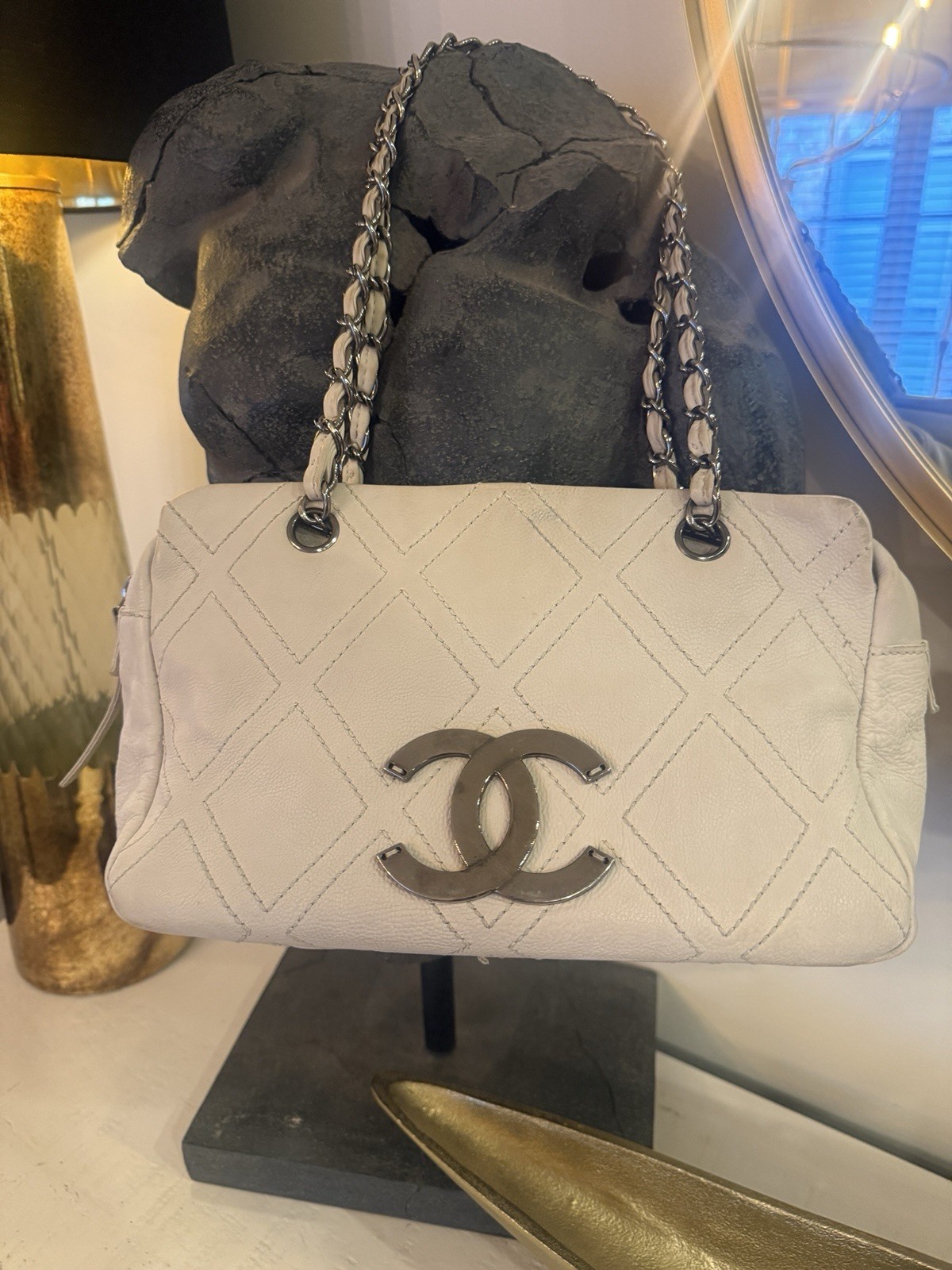 CHANEL Classic Medium Beige Quilted Zip Shoulder Bag Chain Strap Silver HW
