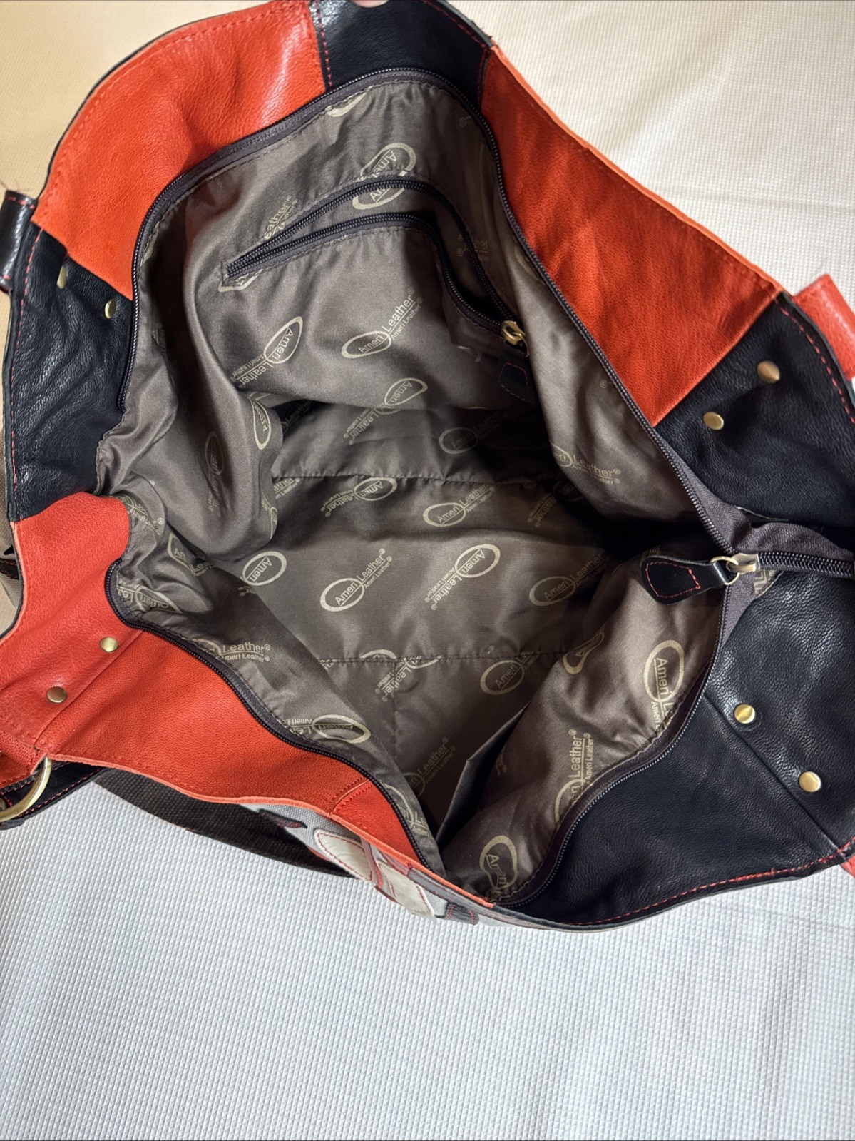 Ameri Leather Hair Floral Patchwork Large Tote Handbag Purse Black Orange White
