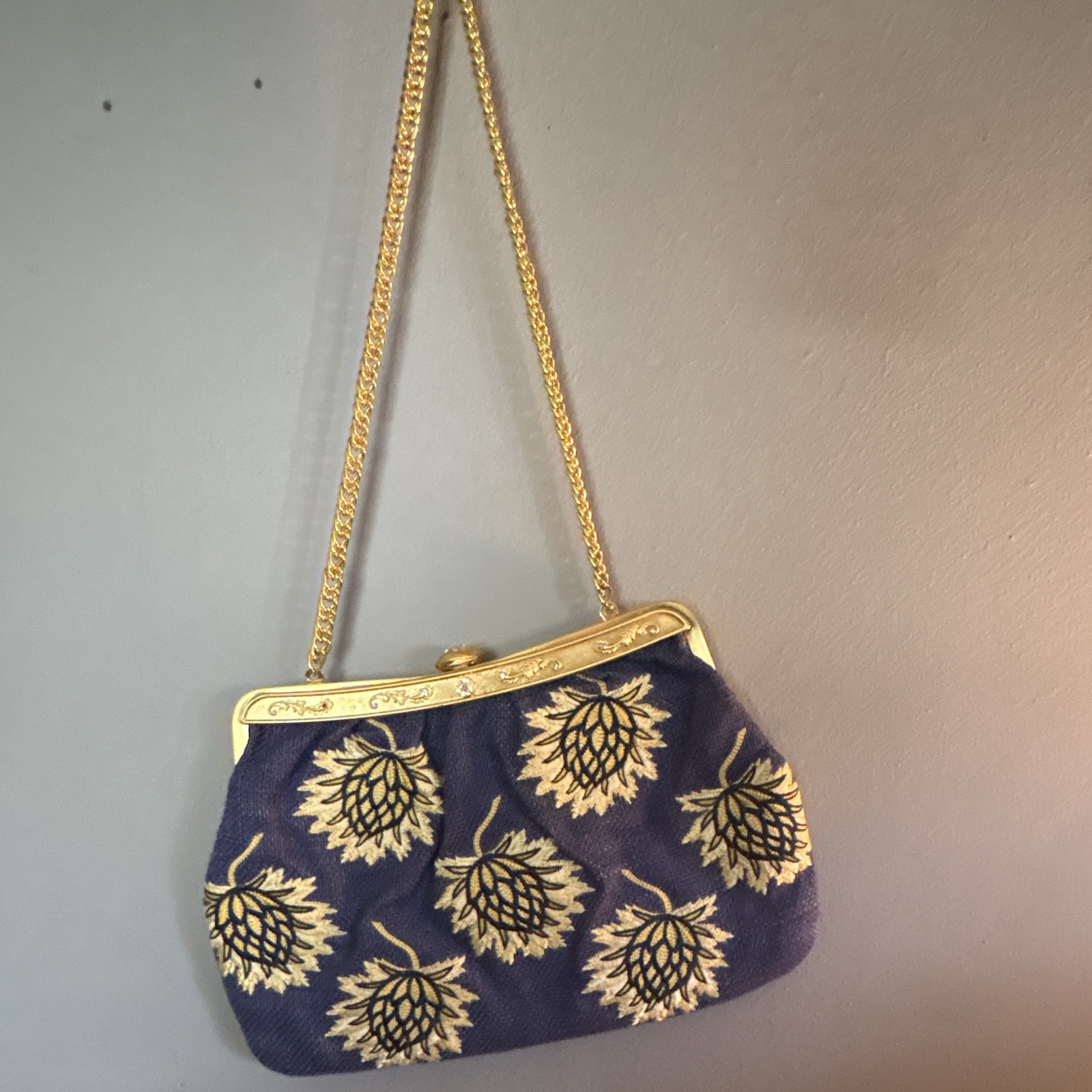 Loulou de la Falaise Blue/Gold Floral Shoulder Bag Kiss Lock Gold Chain, Pockets
