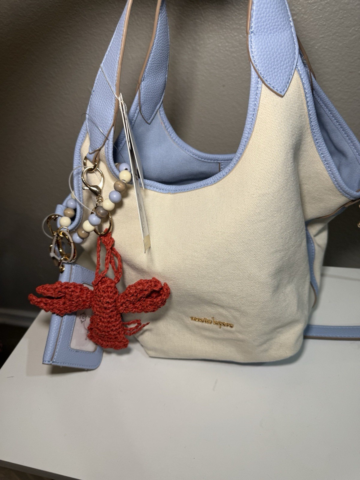 NWT Nanette Lepore Coastal Canvas Hobo Bag Blue Cream Shoulder Lobster MSP $118