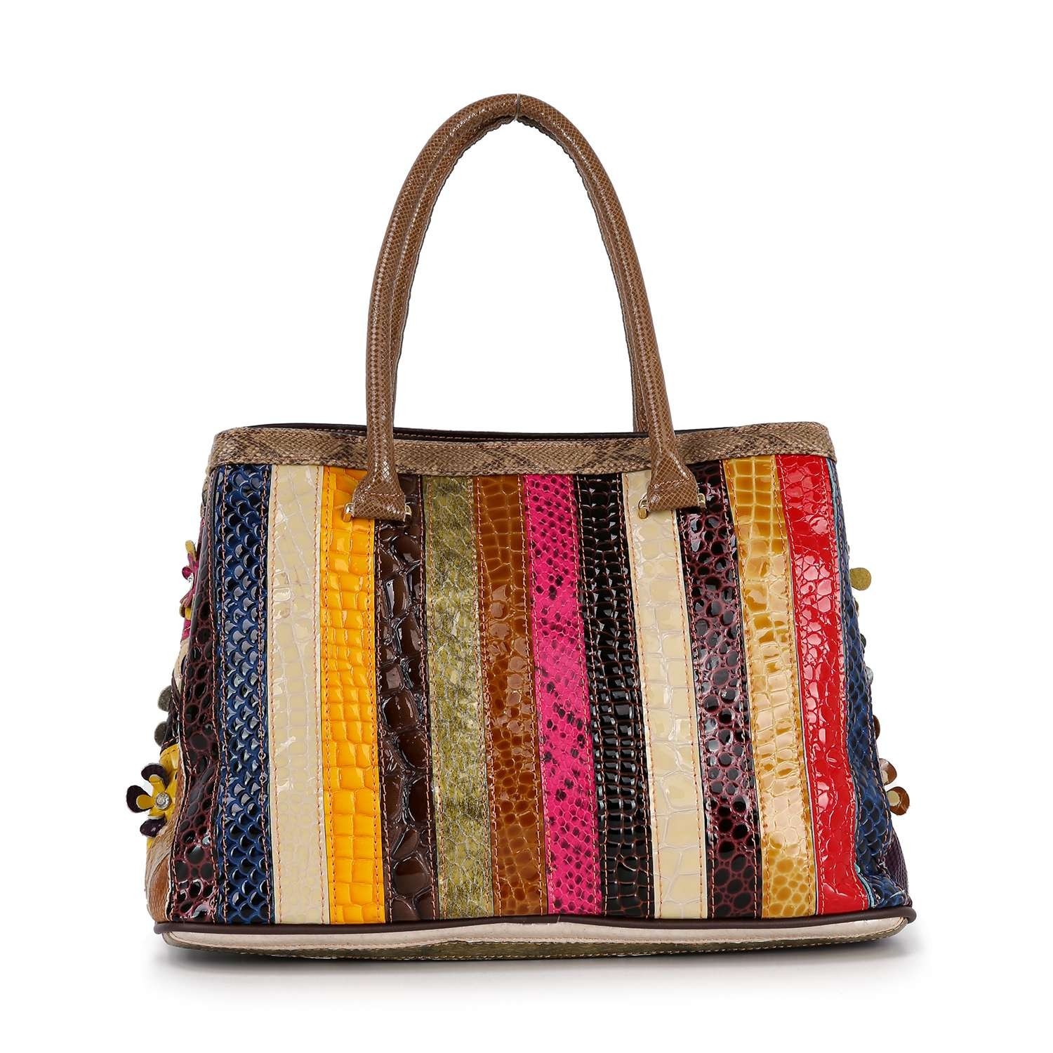 Genuine Leather 3D Floral Patchwork Tote Handbag Women Multicolor Crossbody Bag