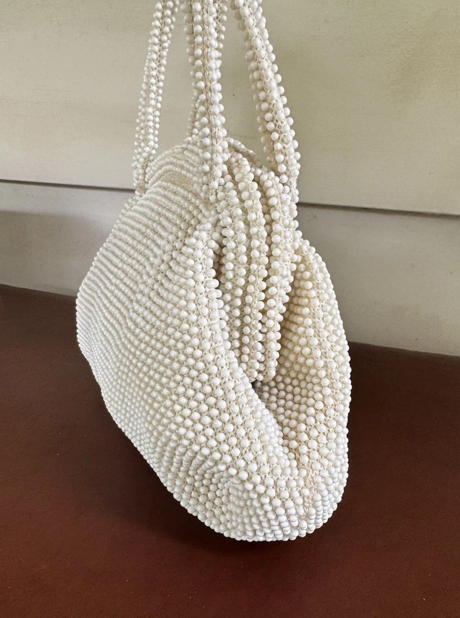 Vintage Candy Dot Purse Beaded White Plastic Double Sided Bag Corde Bead Lumered