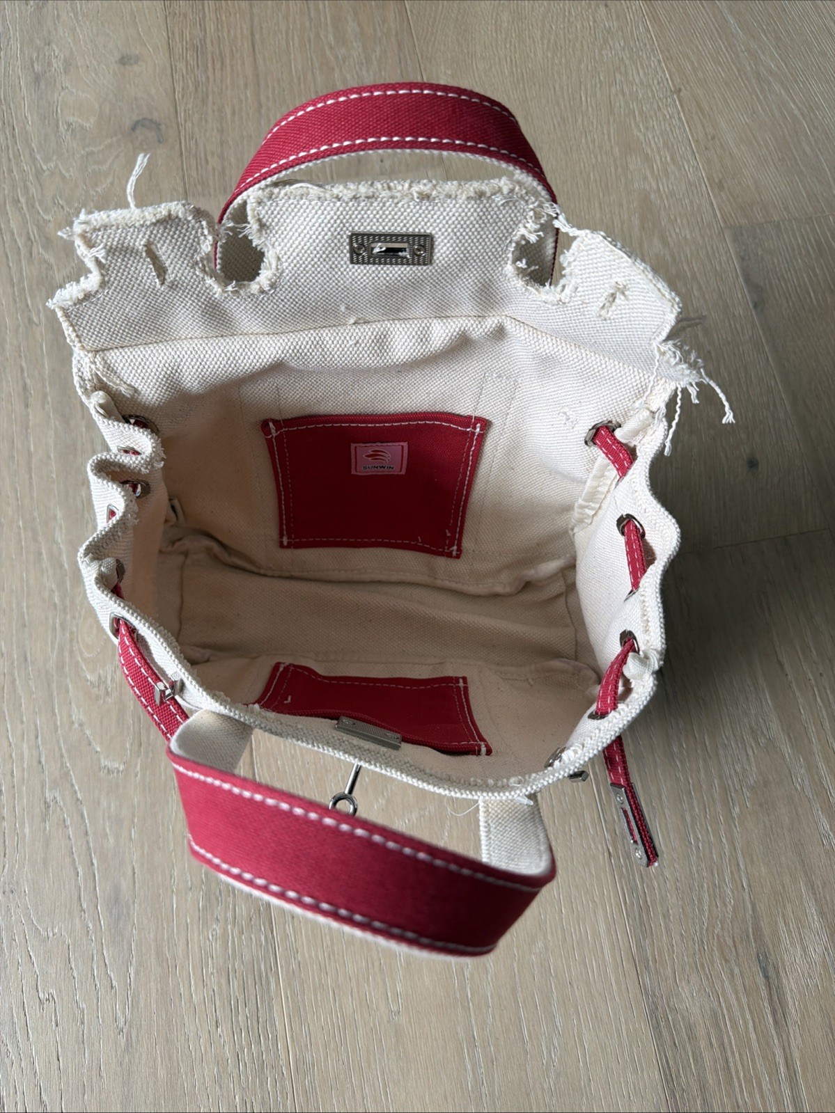SUNWIN SMALL CANVAS BOATKIN BEIGE/ RED BOAT TOTE BAG WITH 2 INNER POCKETS NEW
