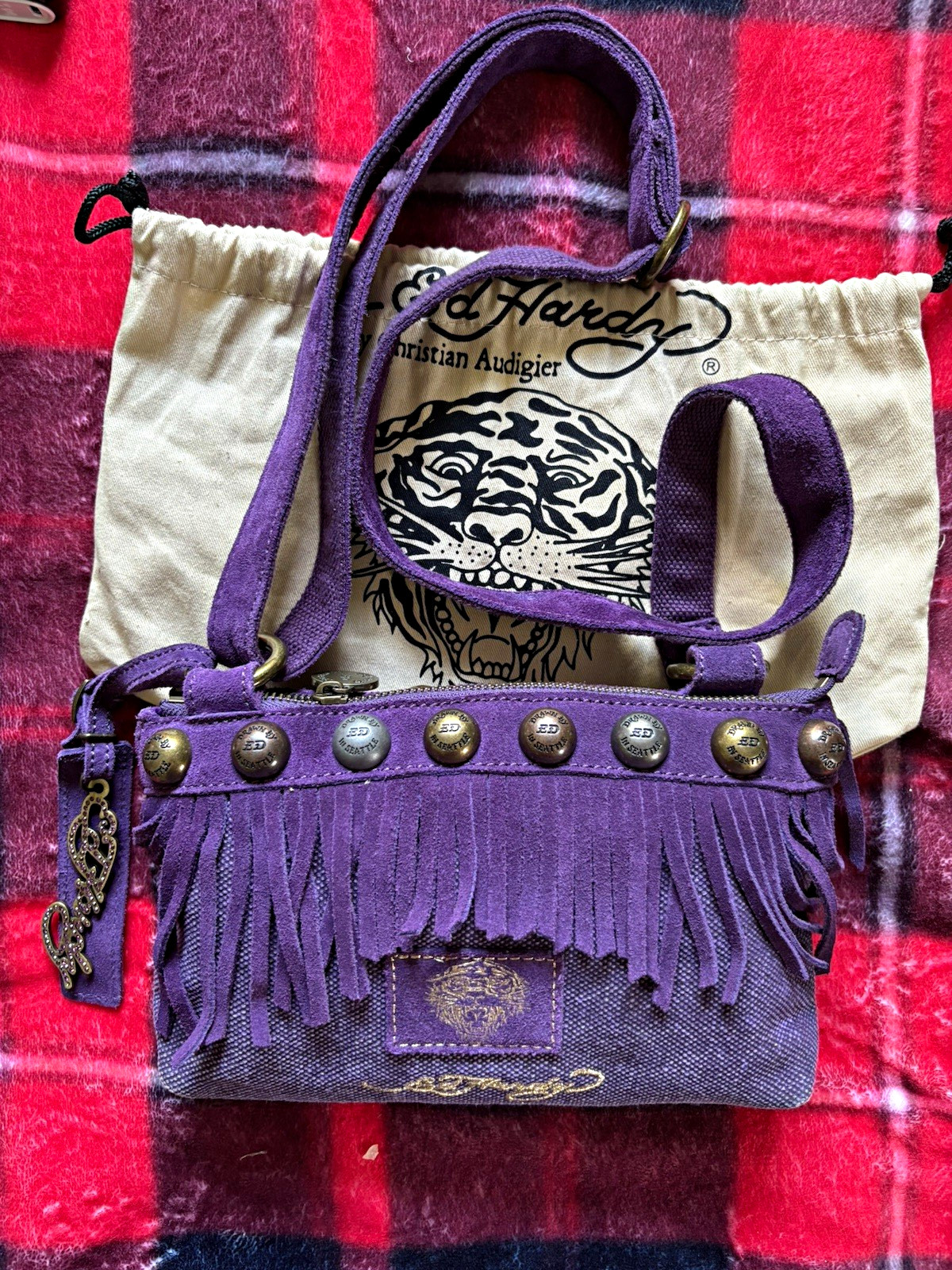 Ed Hardy Purple Fringe Studded Tiger Logo Shoulder Bag Zip Lined Dust Bag