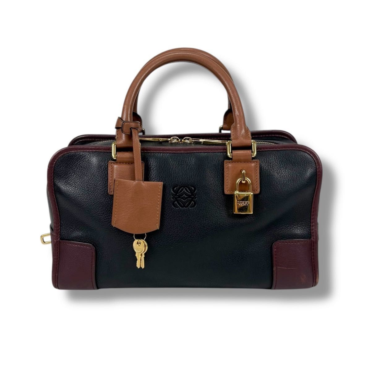 LOEWE Top Handle Bag: Amazona 28 W29H17D12cm Black/Brown/Purple w/padlock;99