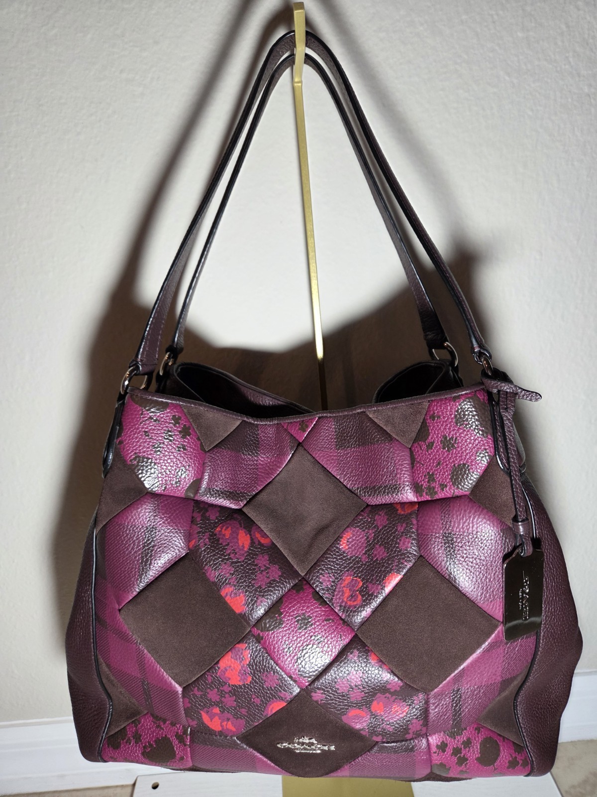 Coach Oxblood Patchwork Floral Print Edie Turn Lock Leather/Suede Shoulder Bag