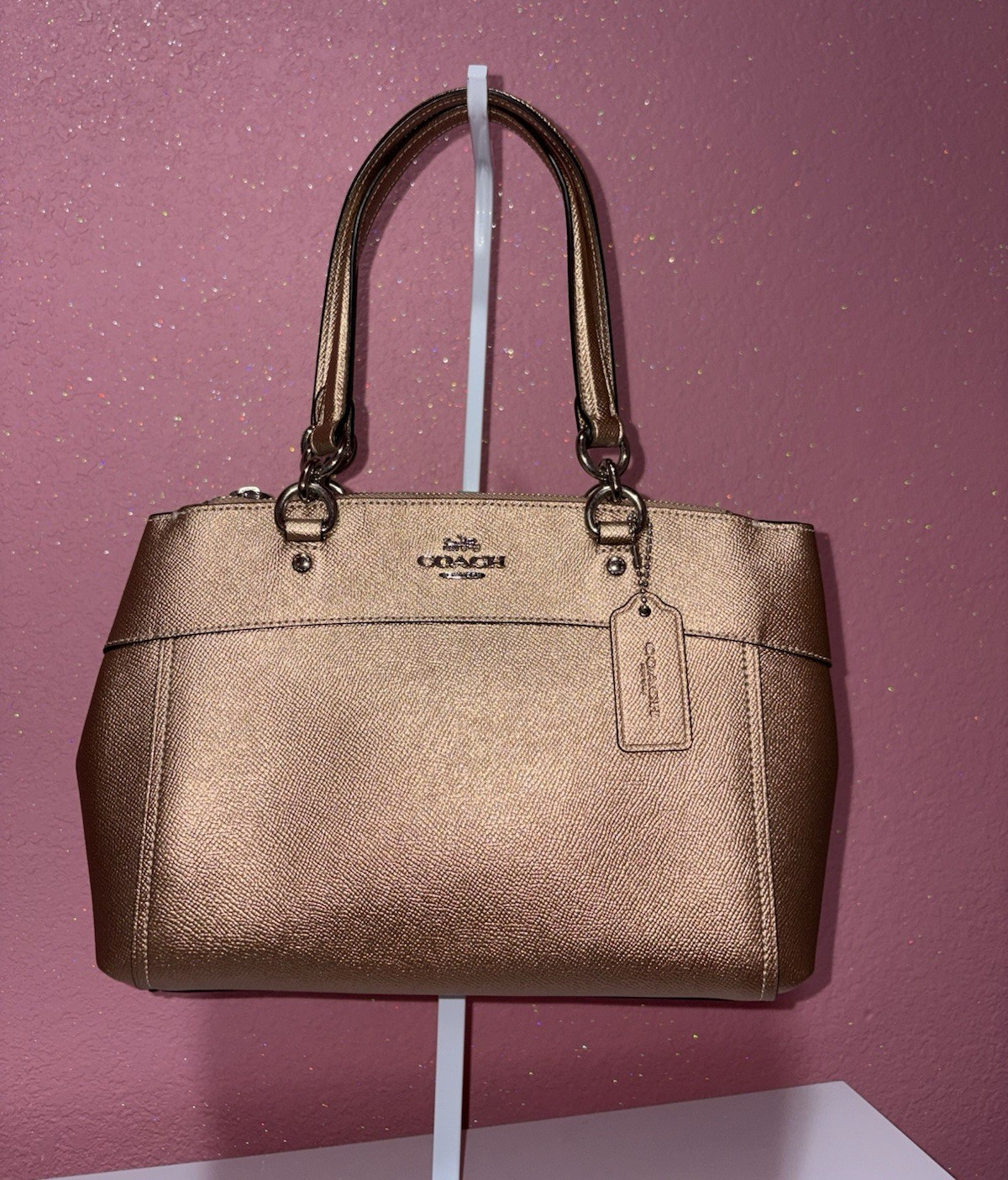 Coach Metallic Bronze Satchel Top Handle Zip Inner Pockets Hangtag Silver