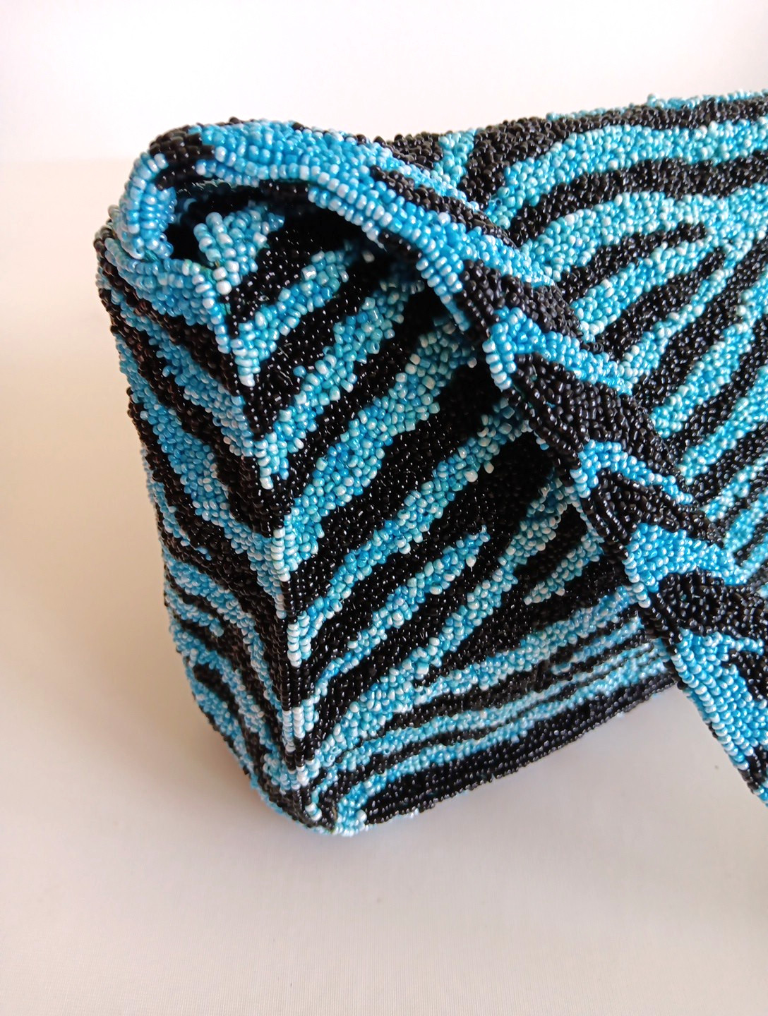 Moyna Blue & Black Tiger Print Beaded Purse with Strap Snap Close Inside Pocket
