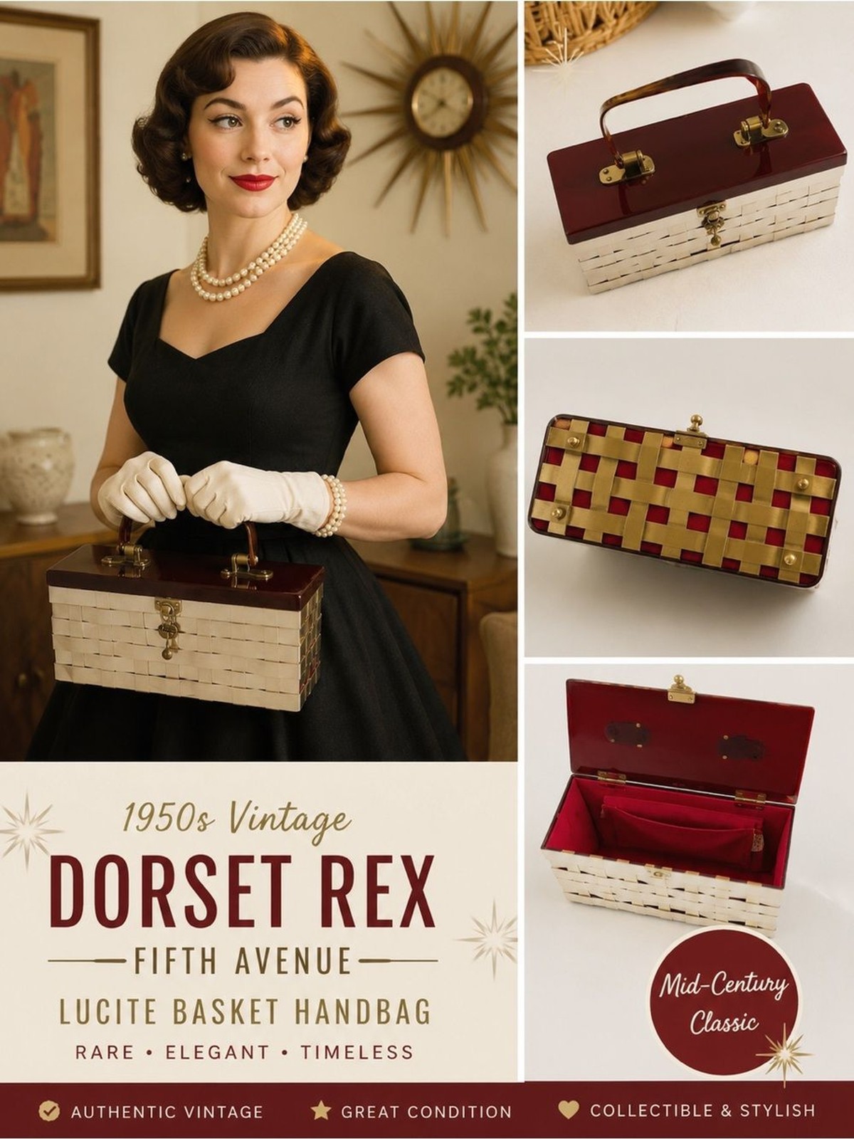 Vintage Dorset Rex Lucite Basket Box Purse Fifth Avenue 1950s Red Gold
