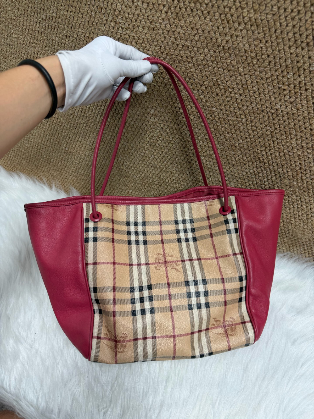 Authentic Burberry Haymarket Check Tote Coated Canvas, Leather Tote Burgundy,