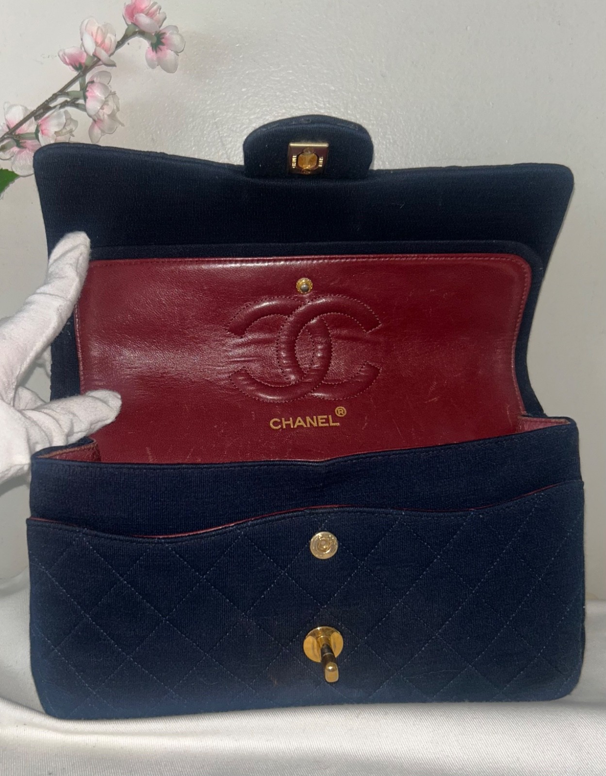 CHANEL Vintage Medium Classic Double Flap Jersey Quilted Handbag Navy / 24K Gold