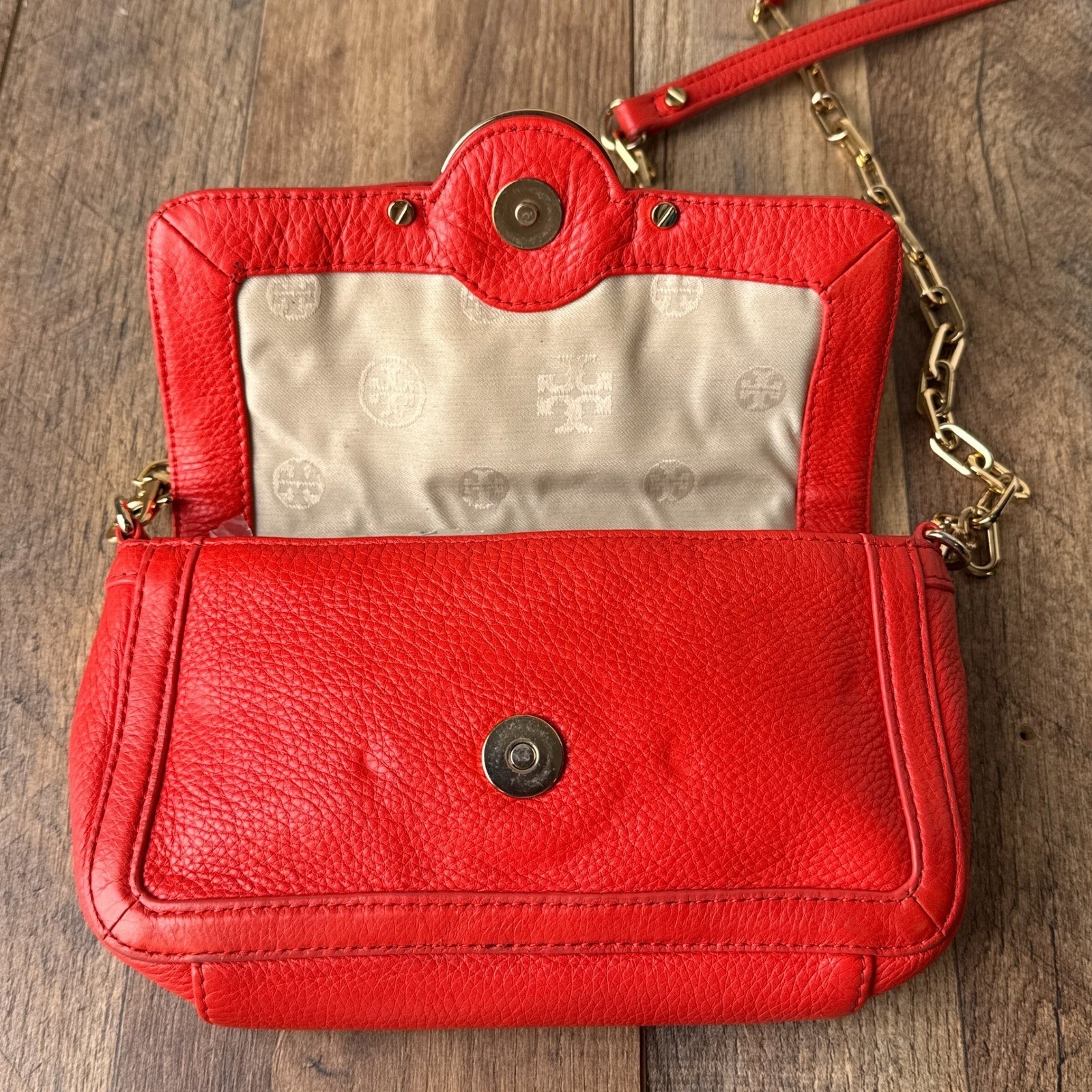 Tory Burch Amanda Mini Crossbody Bag Pebbled Leather Orange With COA