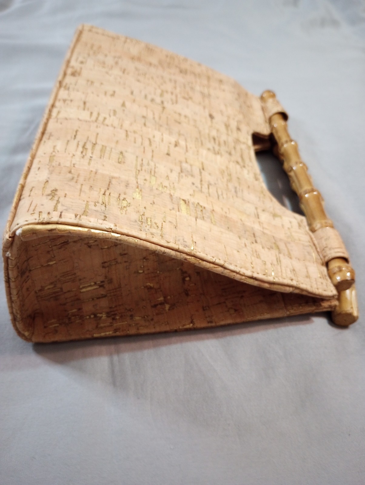 Cork Handbag Gold Accent Bamboo Handle Satchel 11 x 8 x 3.5 inch