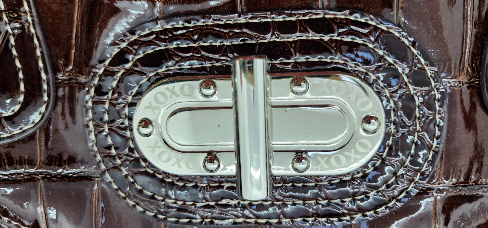 Brown PATENTED Leather Shiny Croc Purse Handbag O-ring Zipper Closure