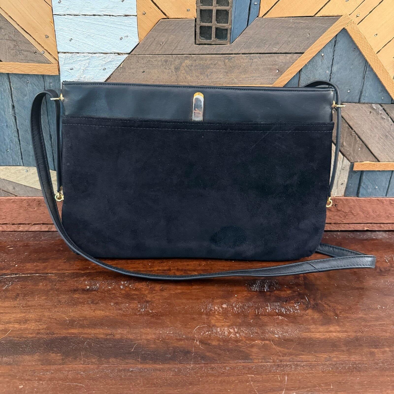 Vintage Susan Gail Black Suede & Leather Shoulder Bag Gold Hardware