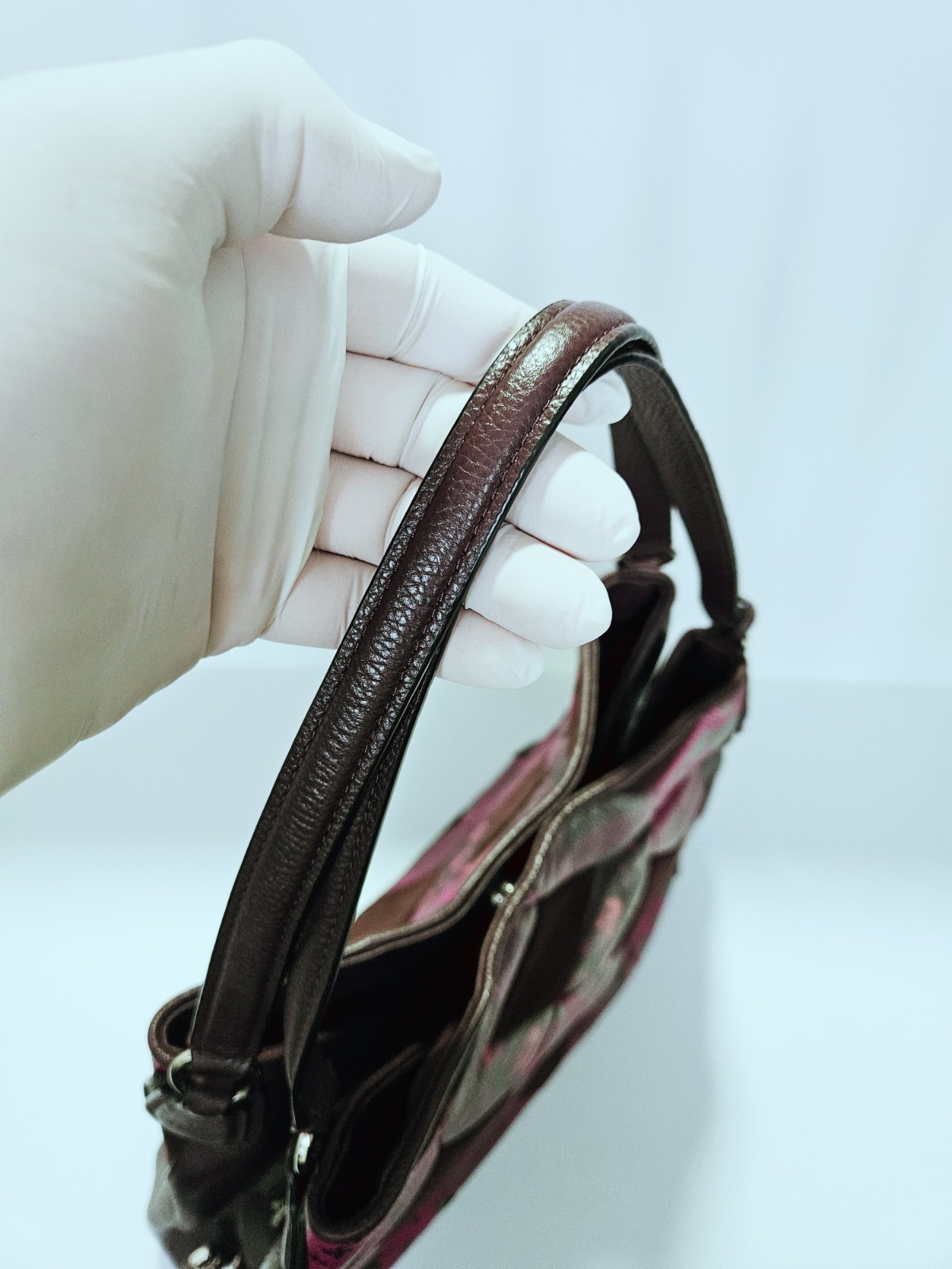 Coach Oxblood Patchwork Floral Print Edie Turn Lock Leather/Suede Shoulder Bag