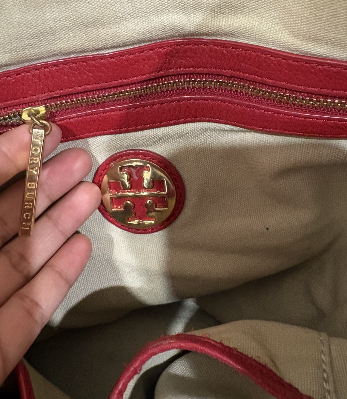 Tory Burch Amanda Red Pebbled Leather Shoulder Bag Tote Gold Tone Hardware