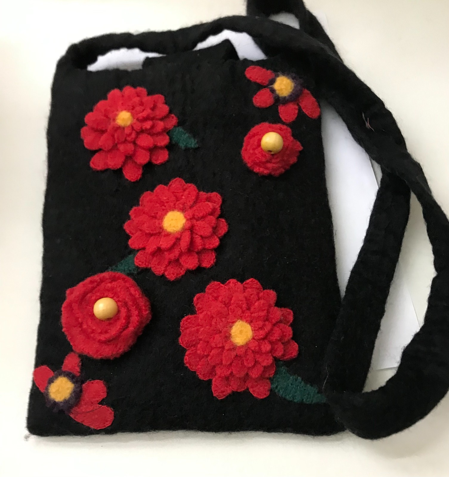 Handmade Floral Felted 100% Wool Tote Purse Bag red/black 8 x 10 inches
