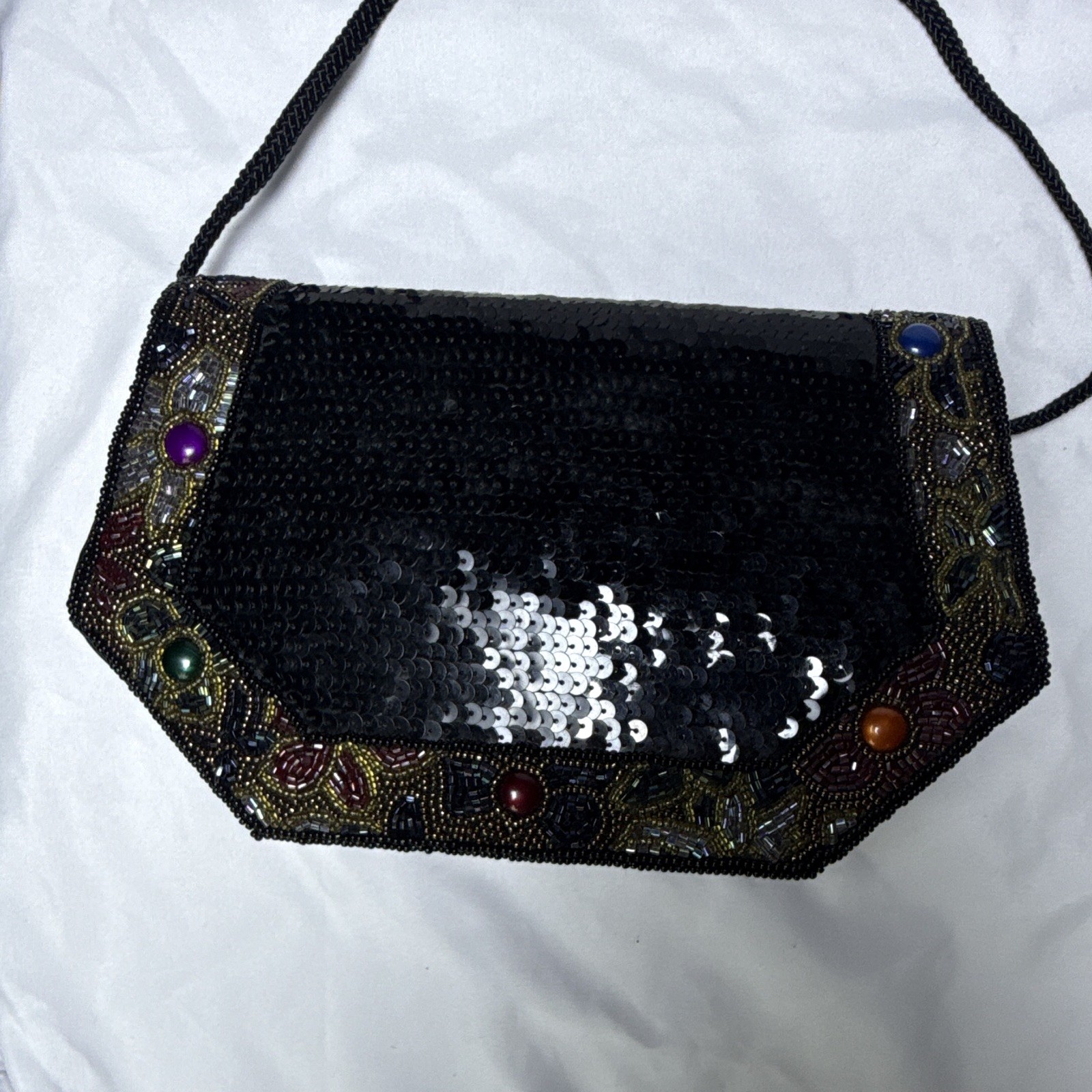 Vintage La Regale Black Sequin & Beaded Evening Bag Clutch Crossbody Purse