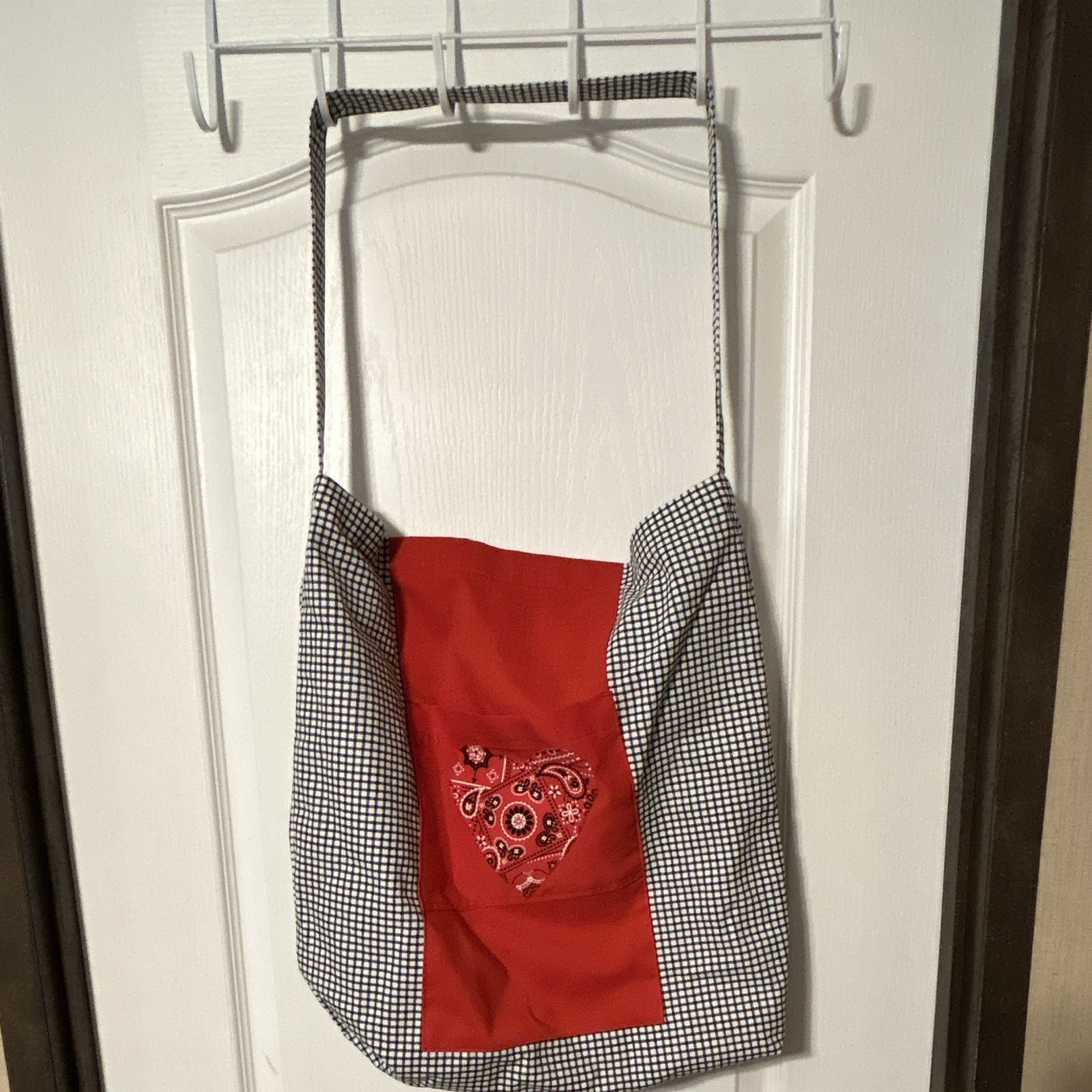 Women’s Black & White Gingham Shoulder Bag Tote w/ Red Panel, Embroidered