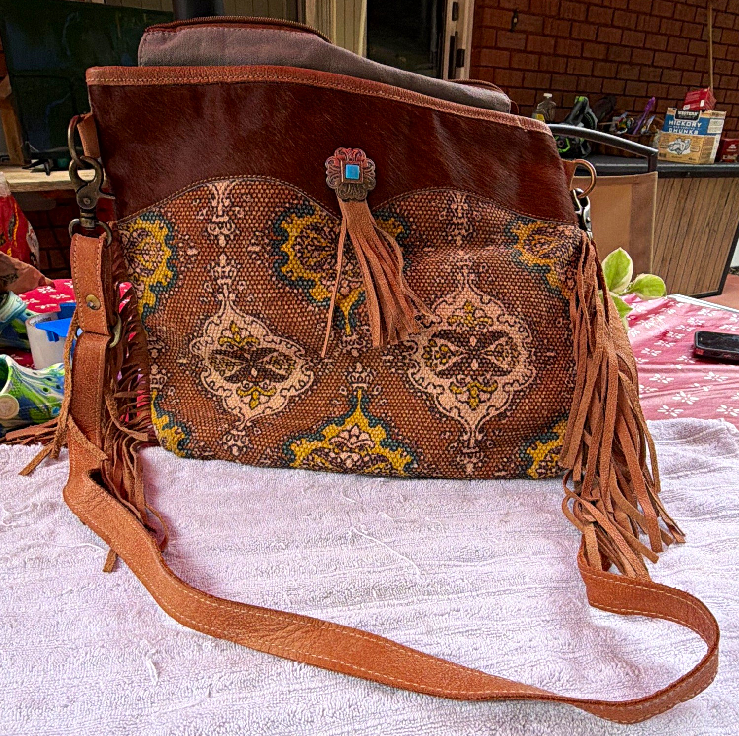 Boho Paisley Crossbody Bag Fringe Tassel Zip Closure Adjustable Strap Pockets