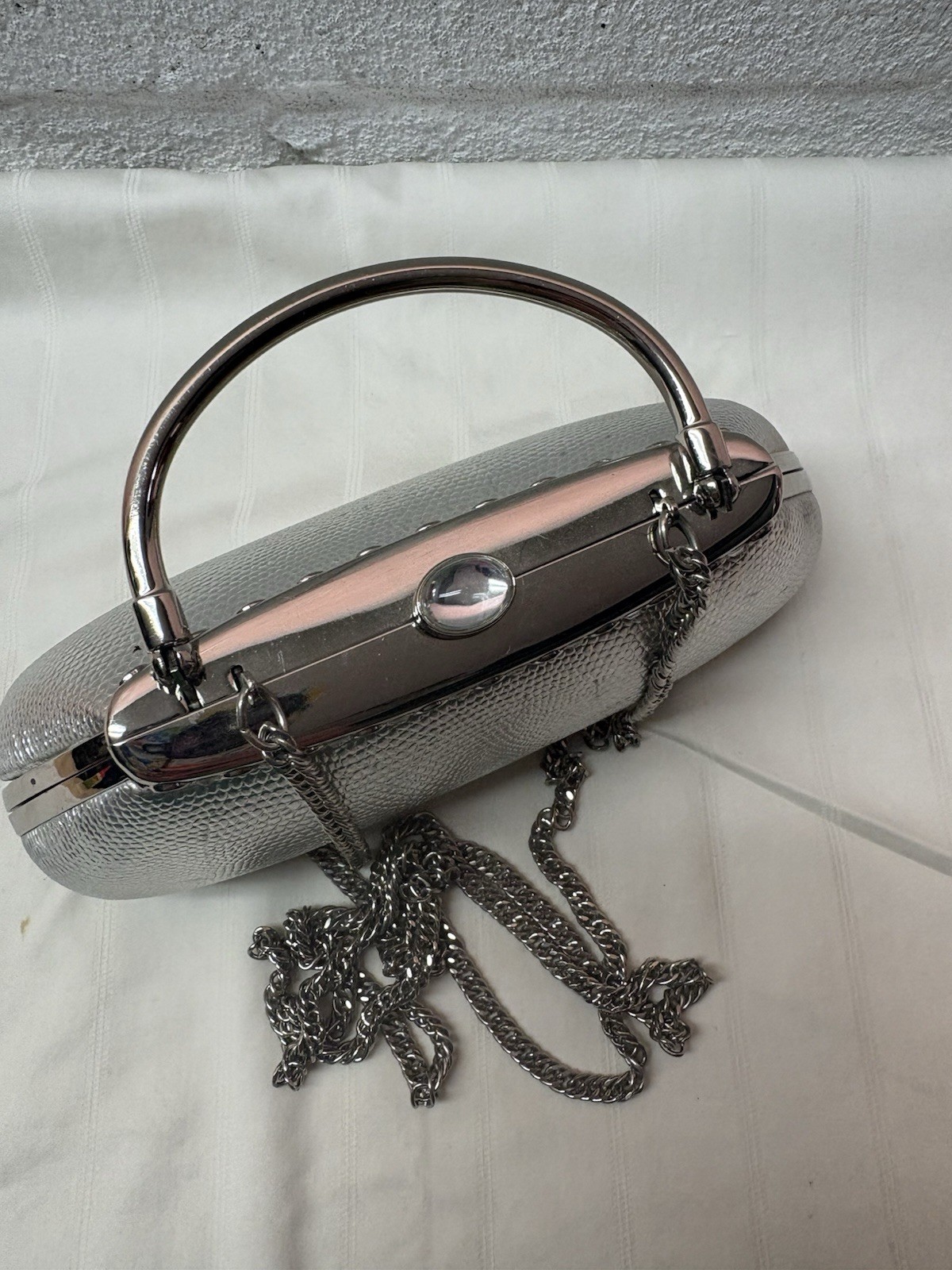 Silver Rhinestone Evening Bag Clutch Purse Metal Frame Chain Strap Formal Glam
