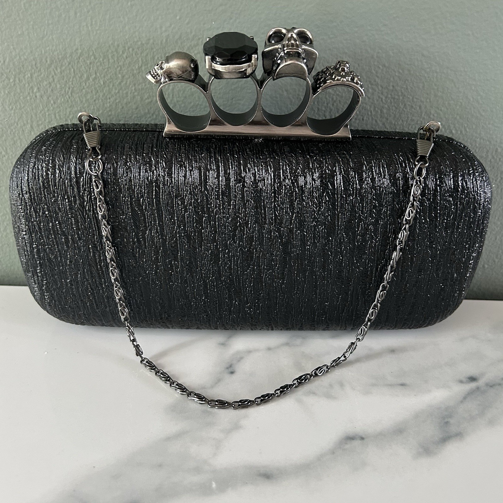 Black Gothic Skull Ring Box Clutch Bag Textured Purse w/ Chain Strap