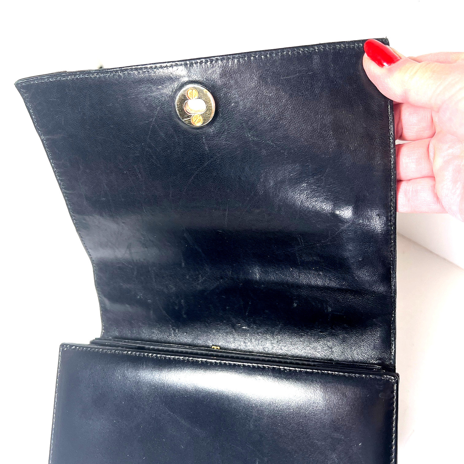 Vtg Tano of Madrid Small Black Leather Handbag Top Handle Flap Turnlock w/Mirror