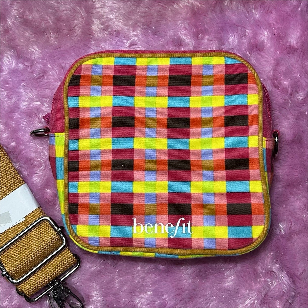 Benefit Multicolor Plaid Crossbody Zip Pouch Bag, Adjustable Tan Strap, Lined