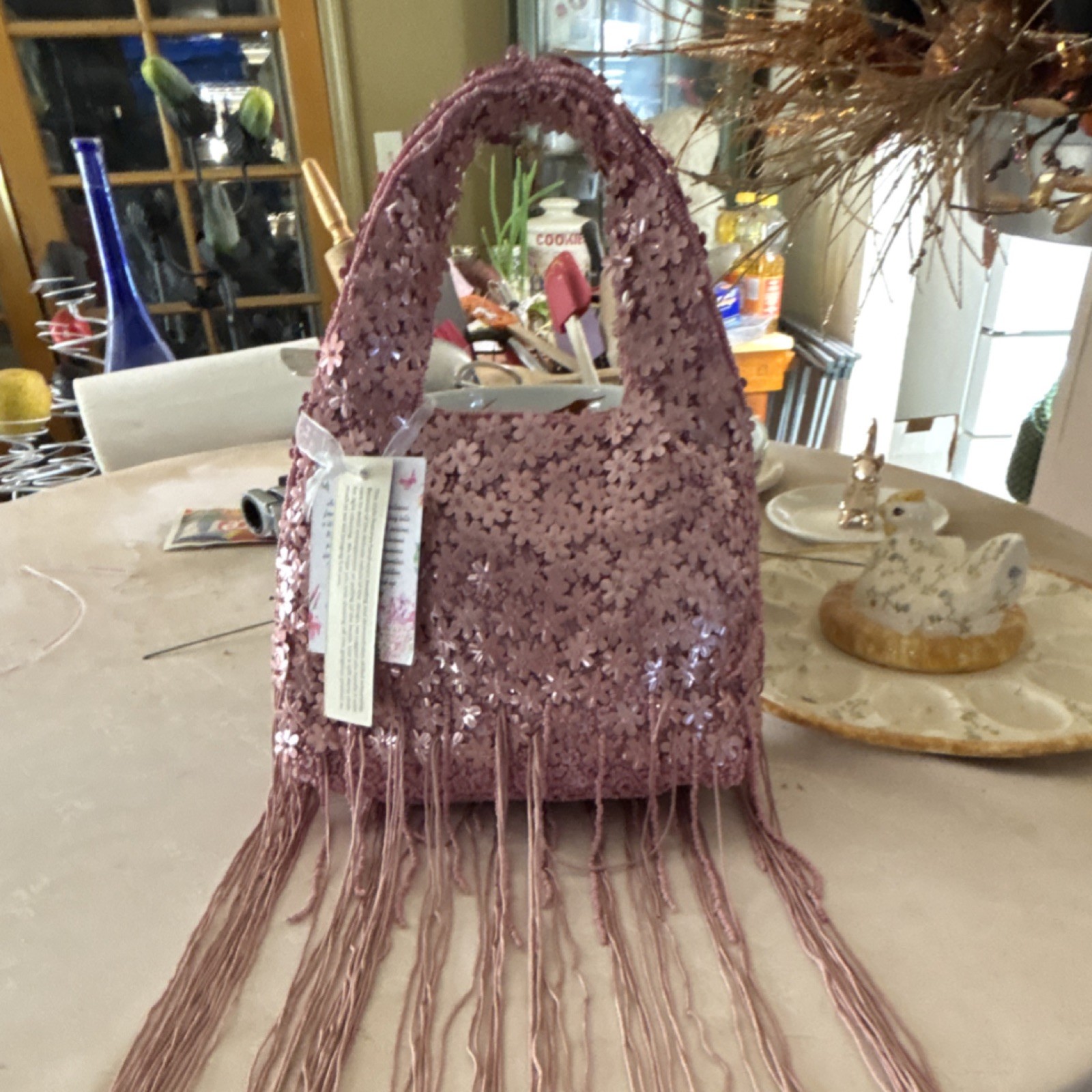 Pink Sequin Fringe Floral Top Handle Bag Flower Theme for Women