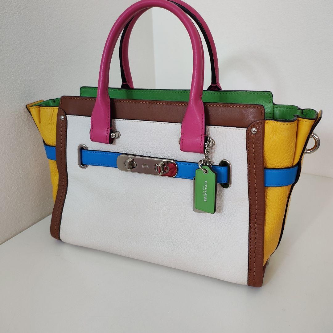 COACH Rainbow Leather 2-Way Tote Bag Shoulder Strap, Size 27.5cm Authentic
