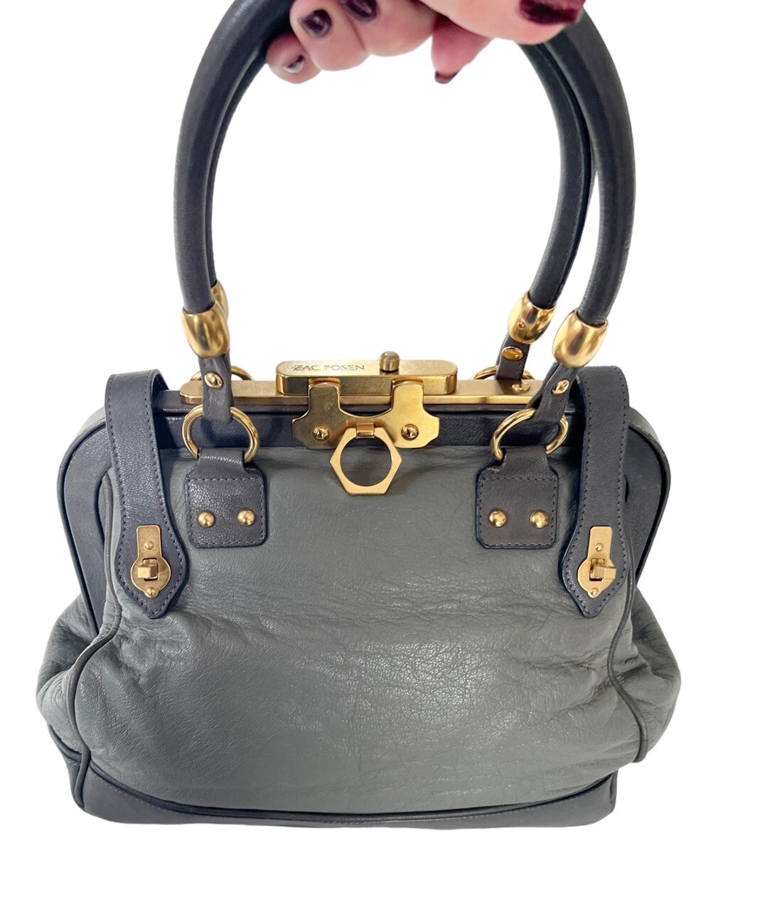 Zac Posen Aurora Doctor Bag in Gunmetal Gray Leather Gold Hardware