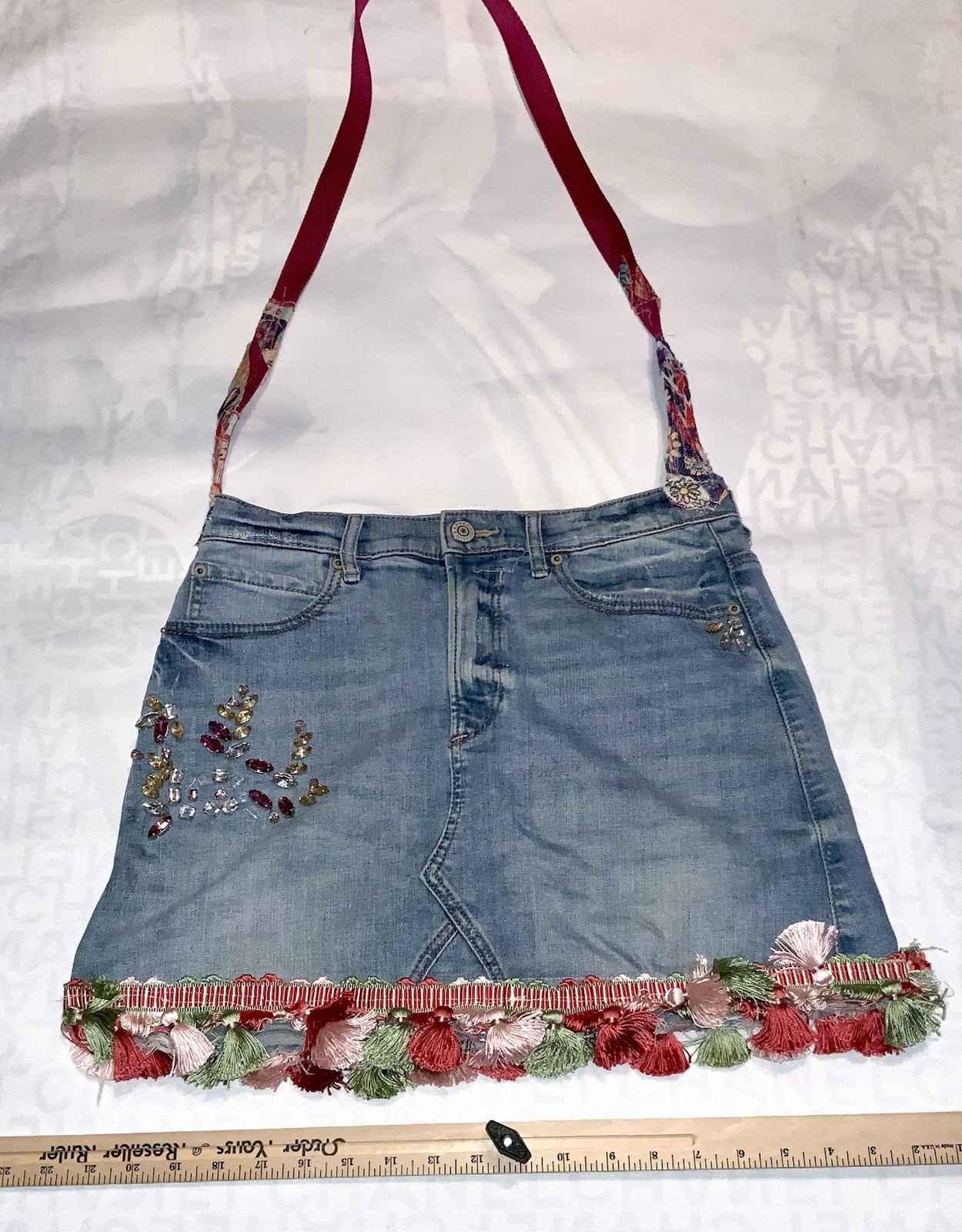 Boho Chic Denim Freestyle Custom Jean Skirt Purse Bag Hand sewn Original Tote