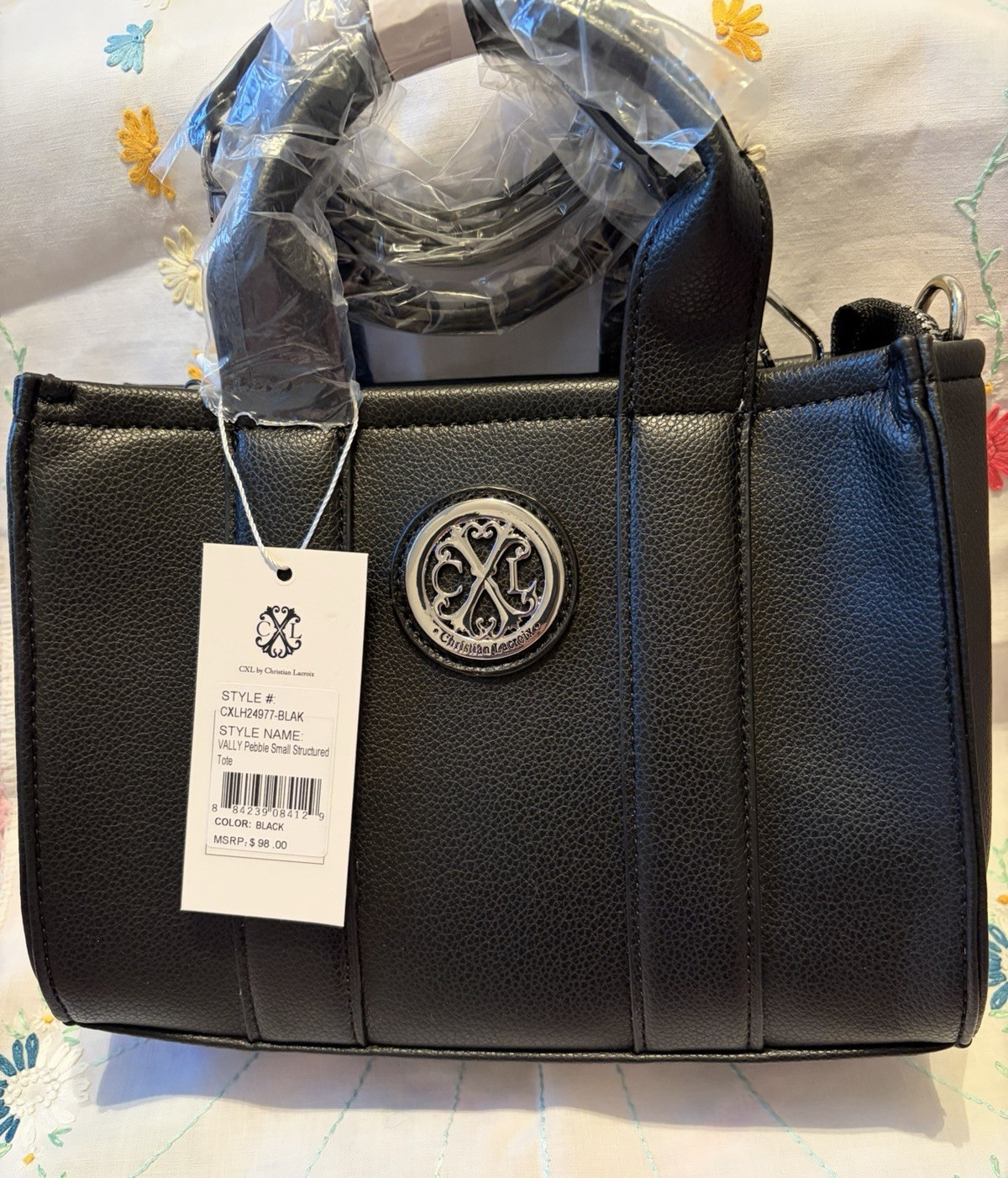 Christian Lacroix Black Small Structured Tote, Top Handle, Zip, Detachable Strap