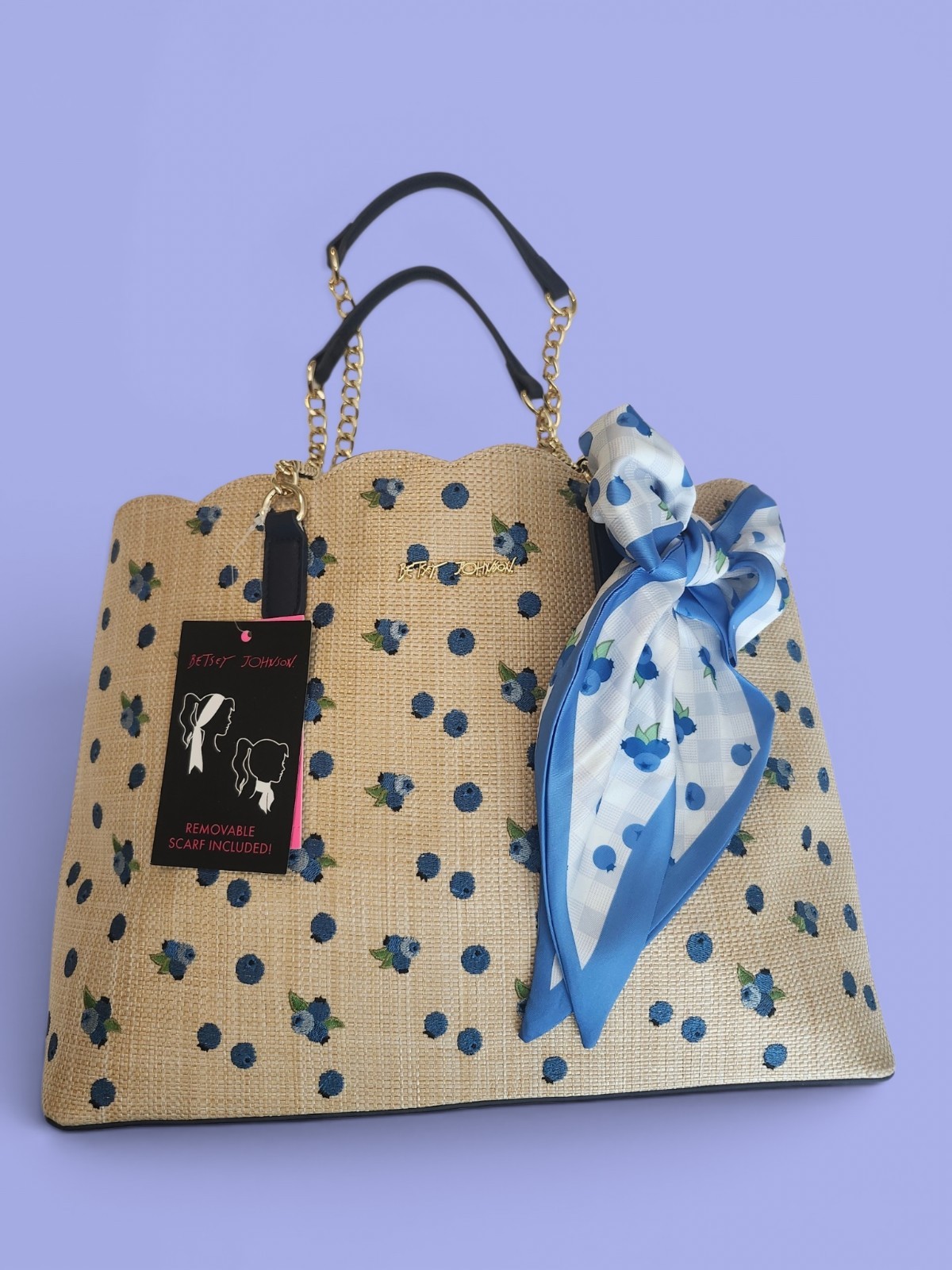 VIRAL BETSEY JOHNSON BLUEBERRY PRINT TOTE/SHOULDER BAG/SCARF TAN/BLUE MULTI NWT