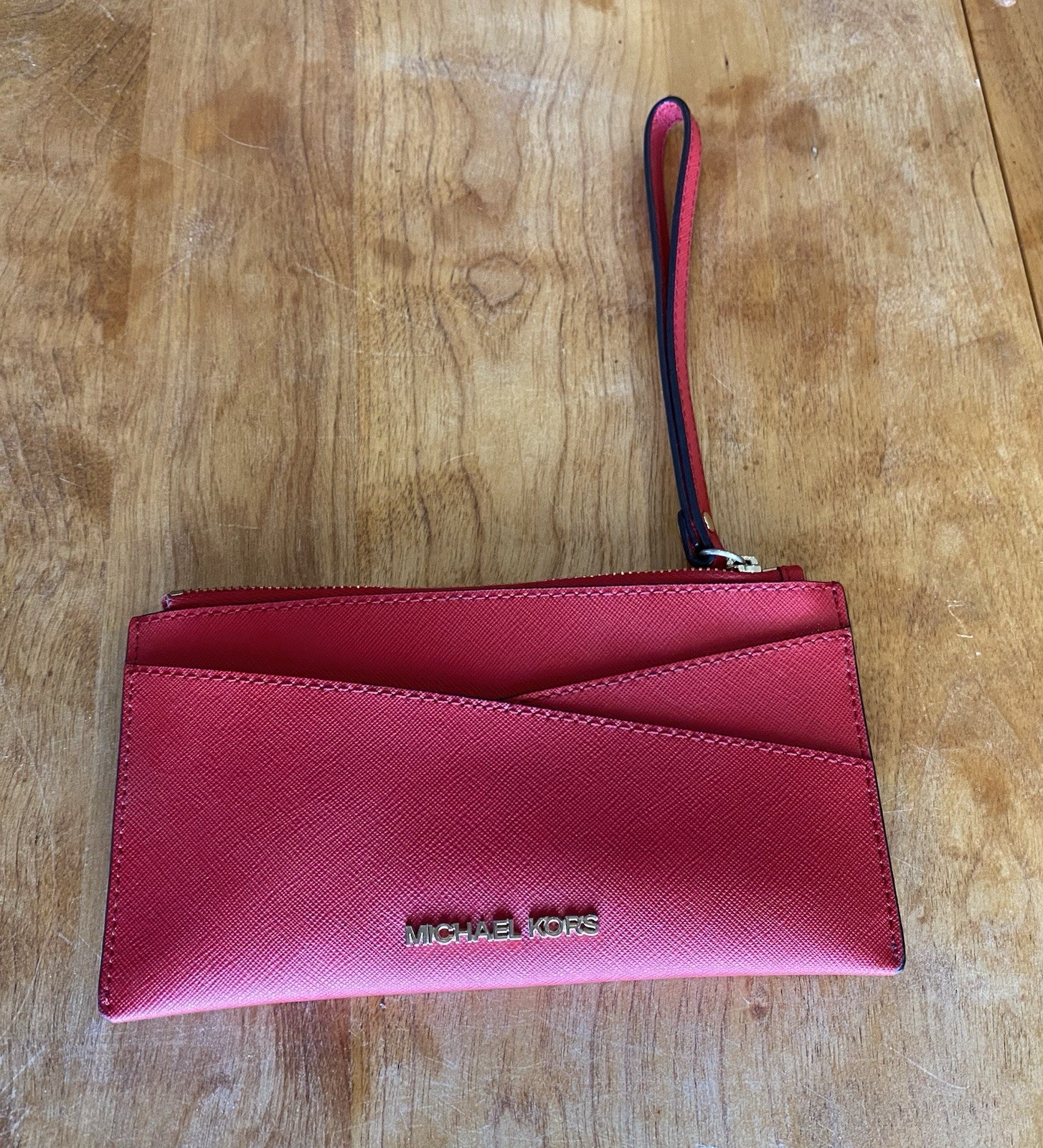 Michael Kors Red Leather Zip Wristlet Clutch 4”c7.25” 0135370269514