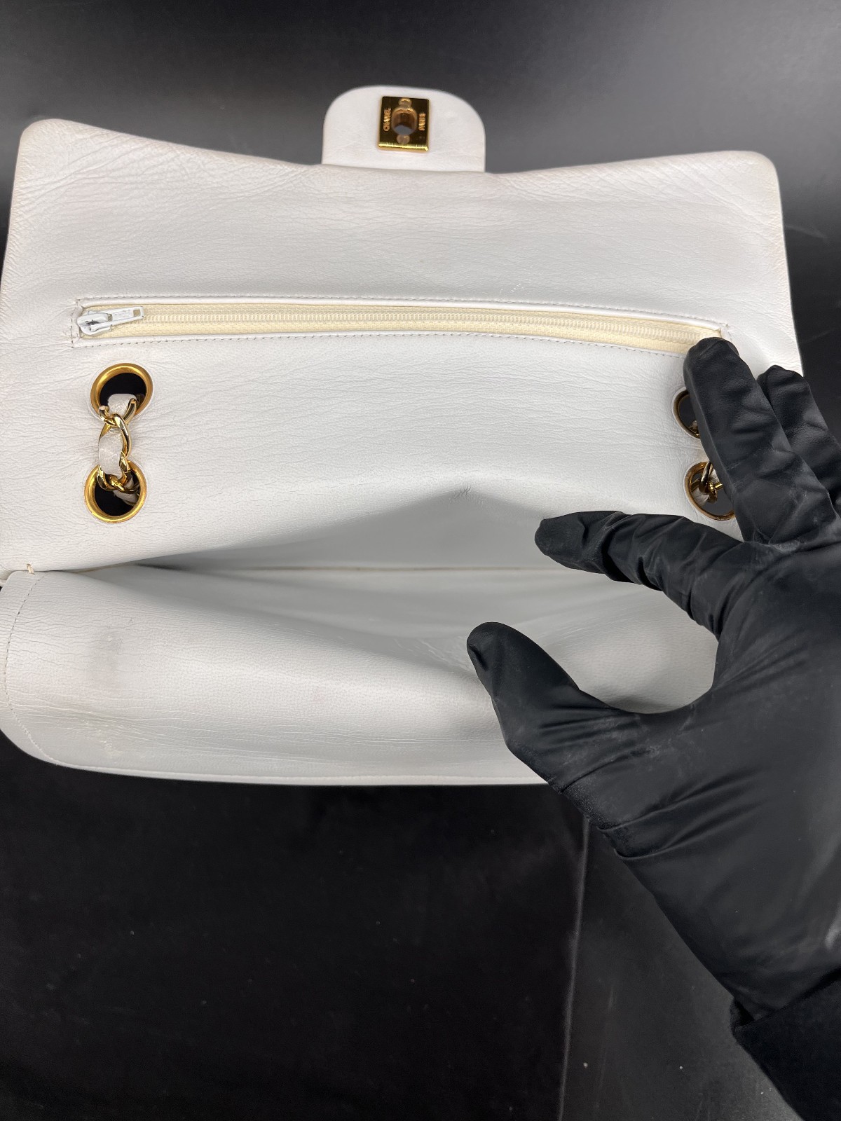 Authentic Chanel Medium Classic Double Flap White Caviar Light Gold HW Bag