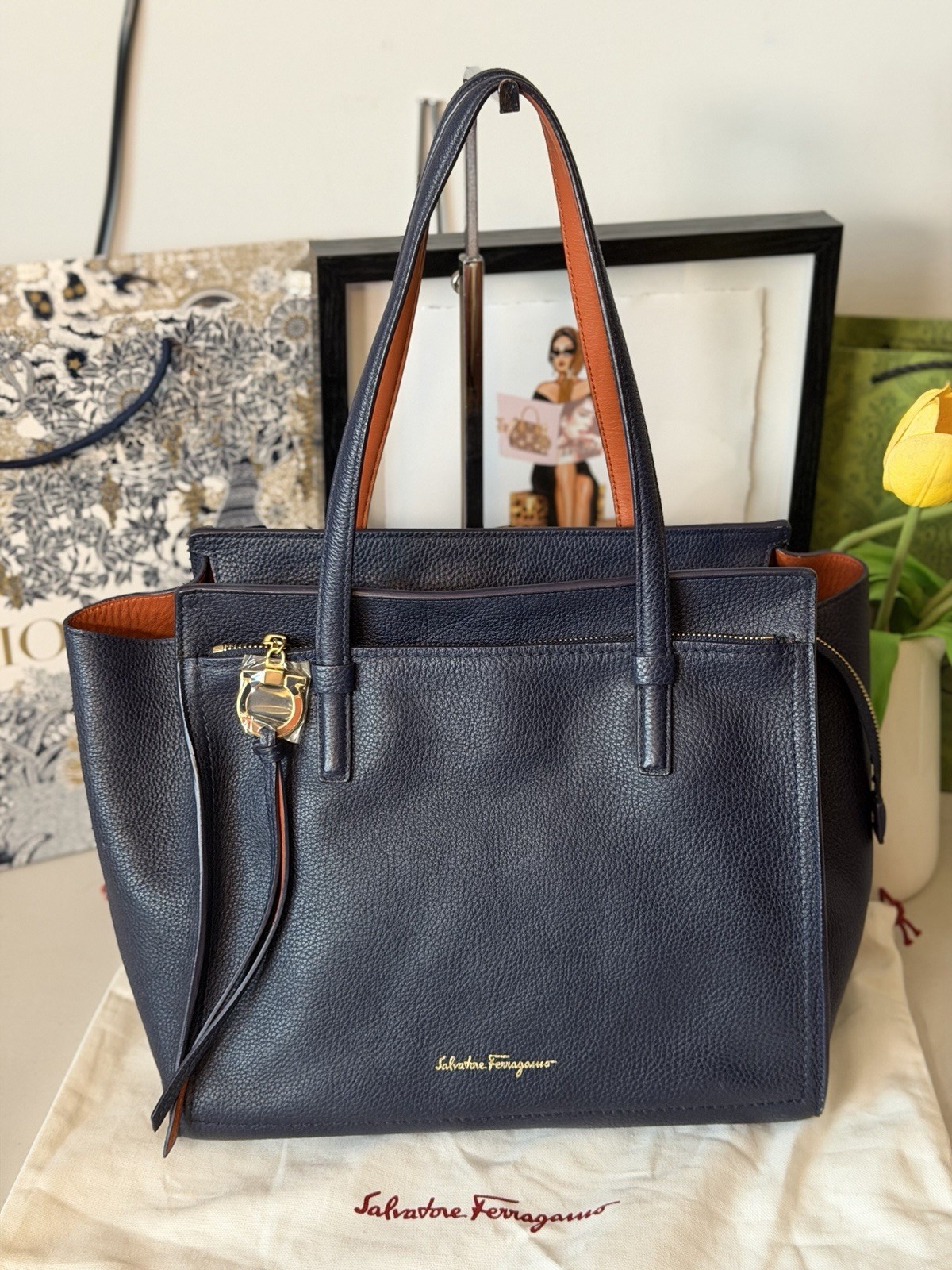 Salvatore Ferragamo Amy Tote Bag Navy Pebbled Leather Gancini Charm