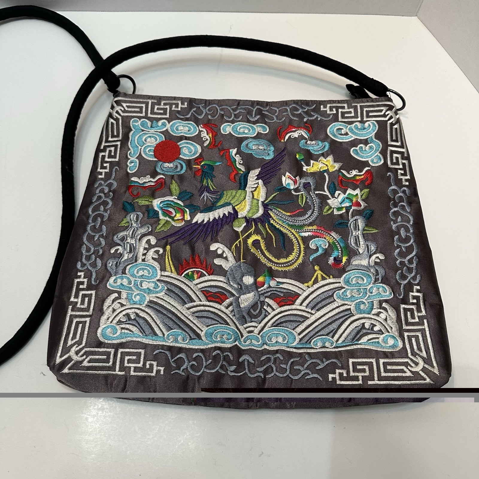 Stunning Grey Embroidered Crane & Wave Chinese Asian Art Handbag Boho Chic
