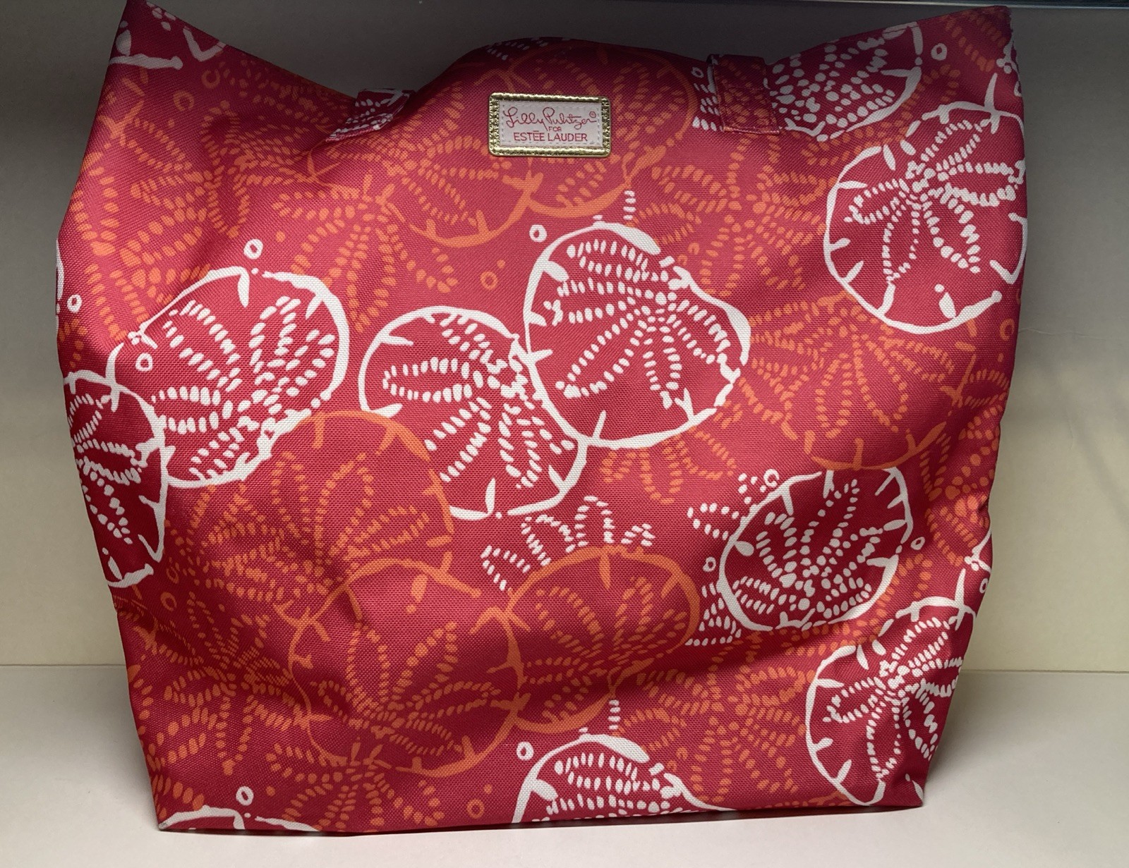 Lilly Pulitzer Estée Lauder Beach Bag Tote Pink Sand Dollar 14×16 Orange Lining