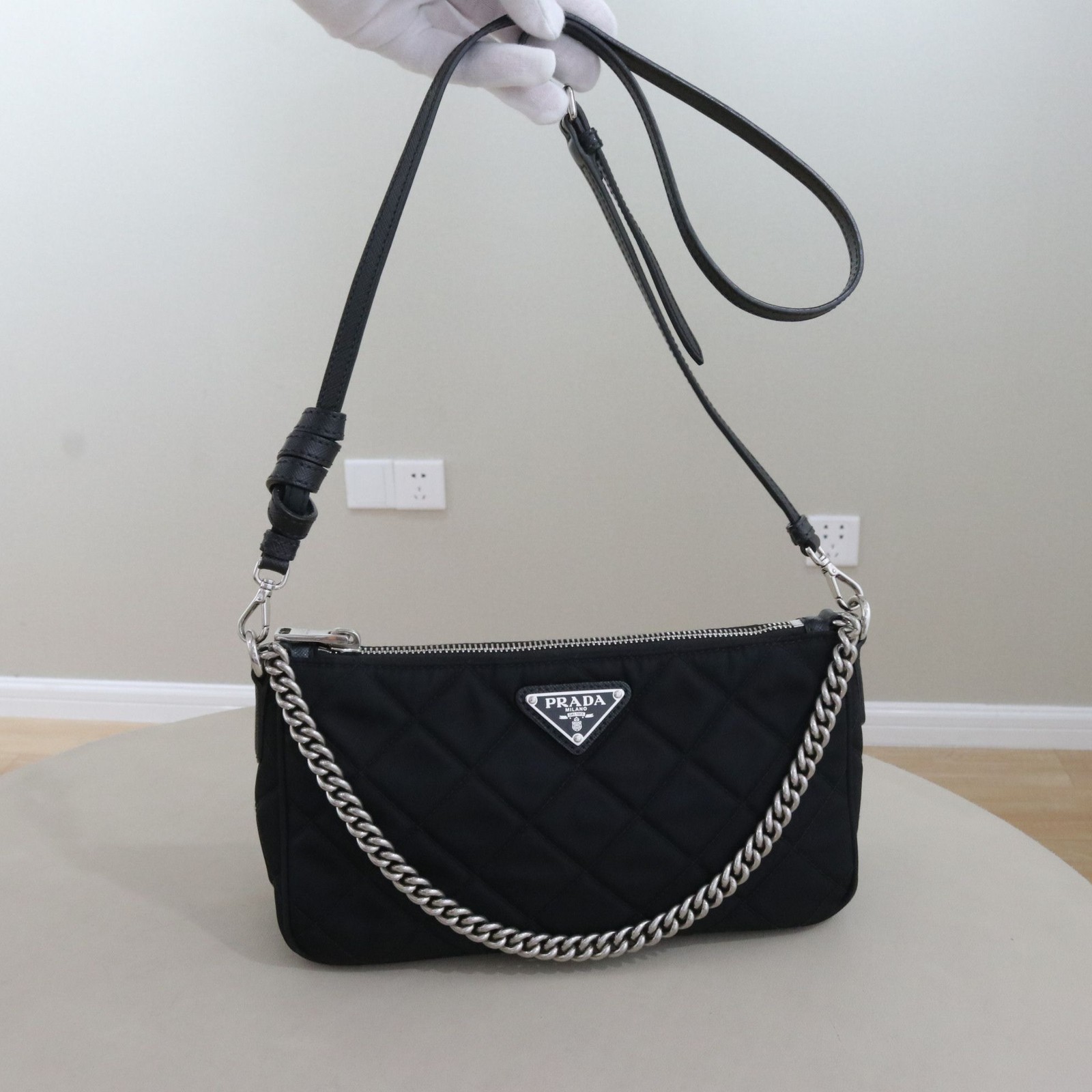 Prada Hobo Normal Size Black Nylon Canvas Underarm Crossbody Bag Duty Paid